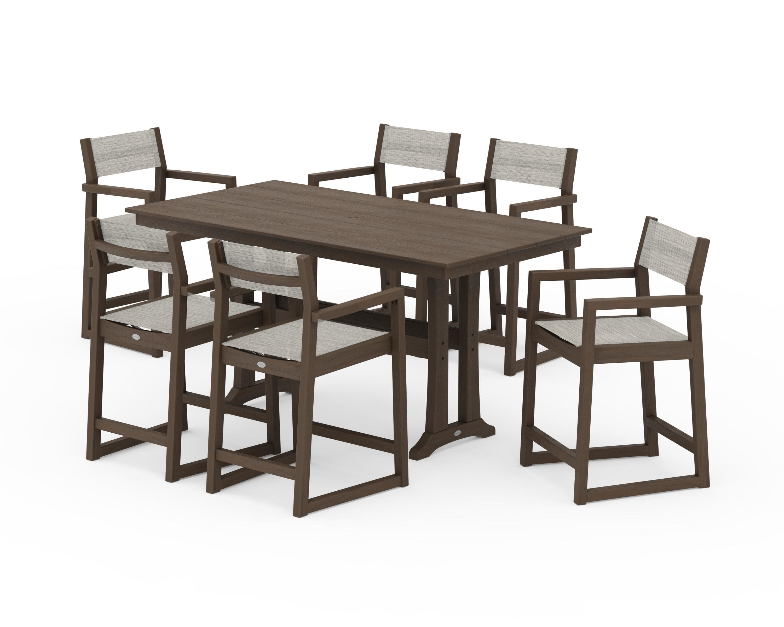 EDGE Sling Arm Chair 7-Piece Farmhouse Counter Set with Trestle Legs in Kona / Birch Sling