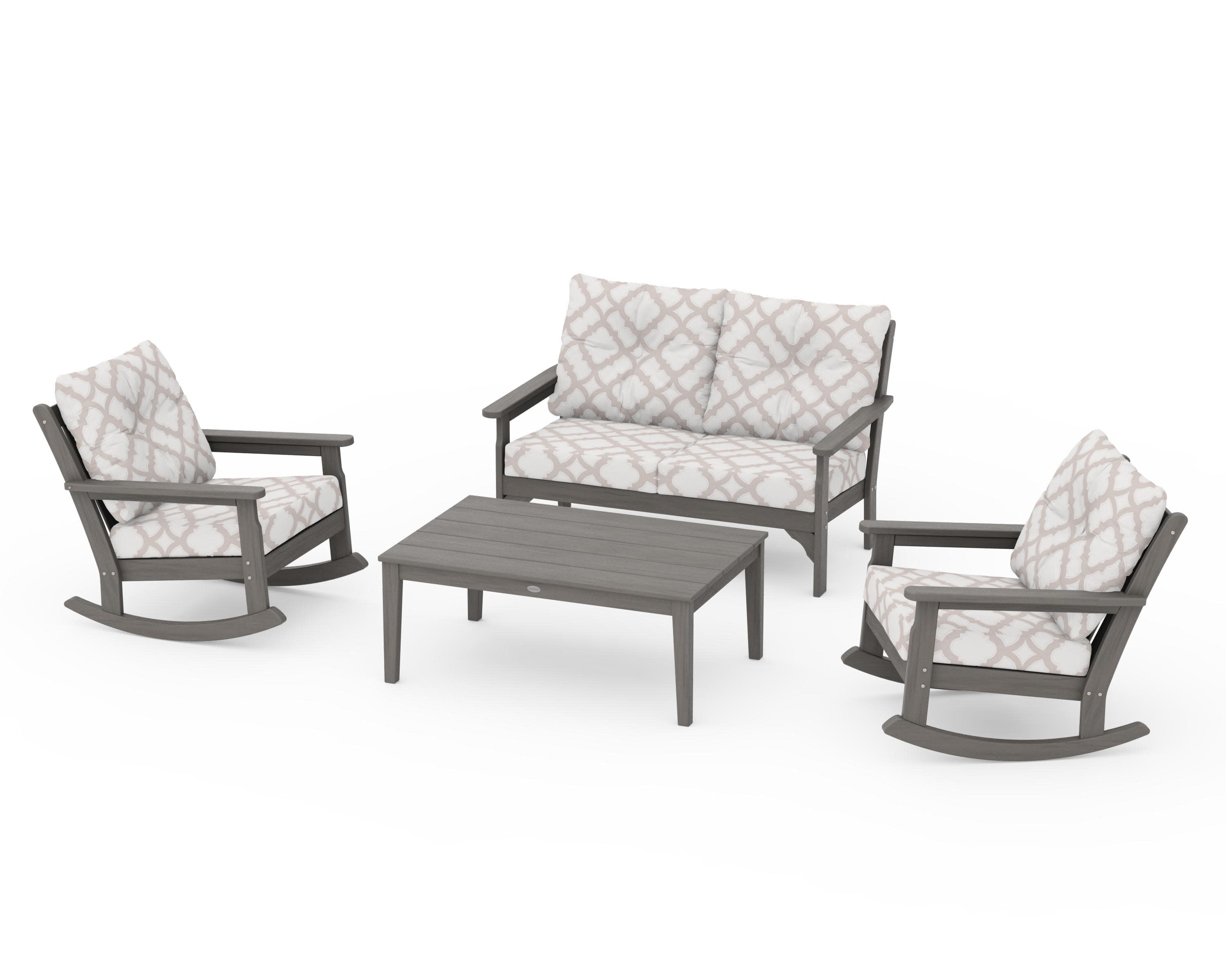 Vineyard 4-Piece Deep Seating Rocking Chair Set in Driftwood / Trellis Dune Burlap
