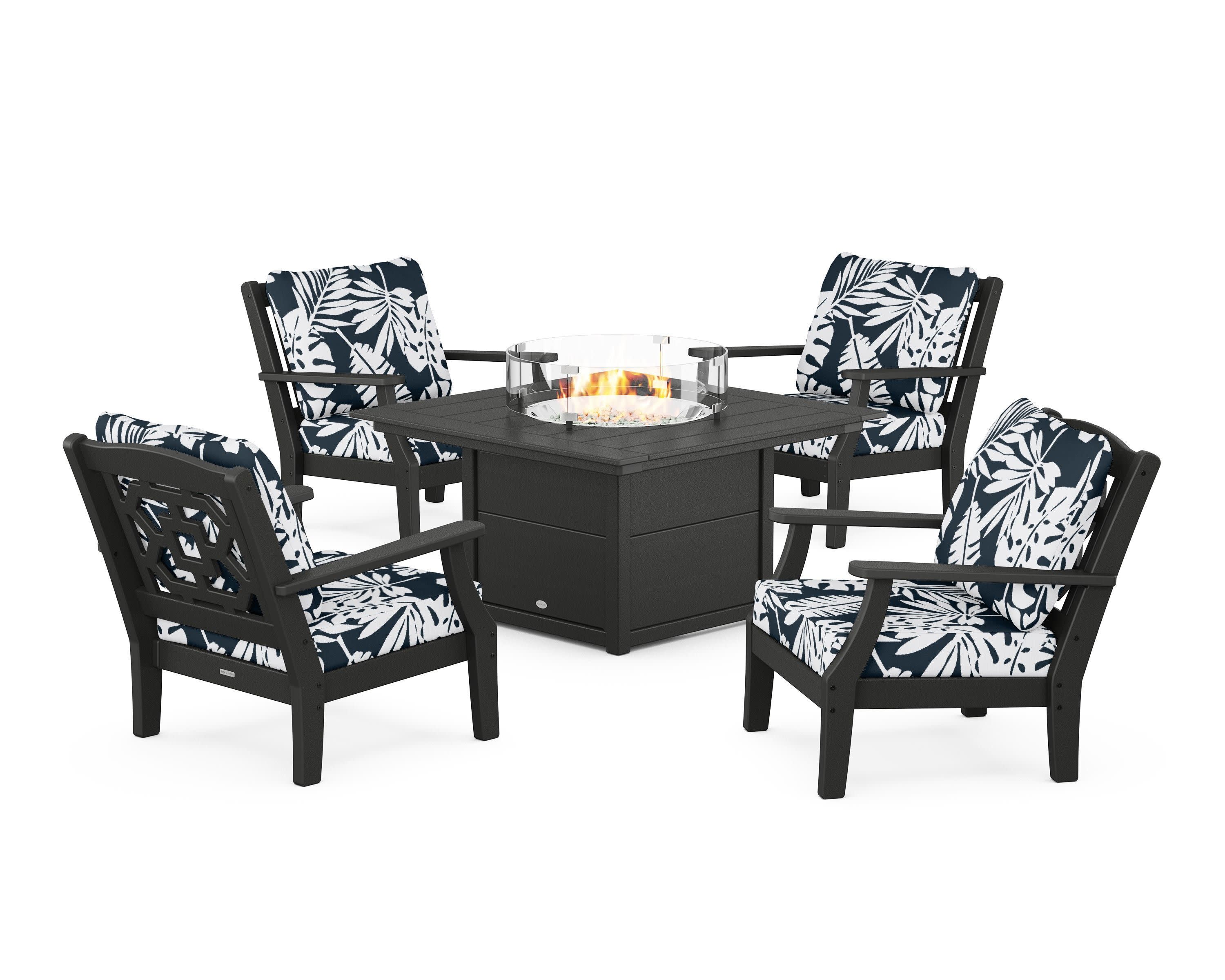 Chinoiserie 5-Piece Deep Seating Set with Fire Pit Table in Black / Leaf Marine Indigo