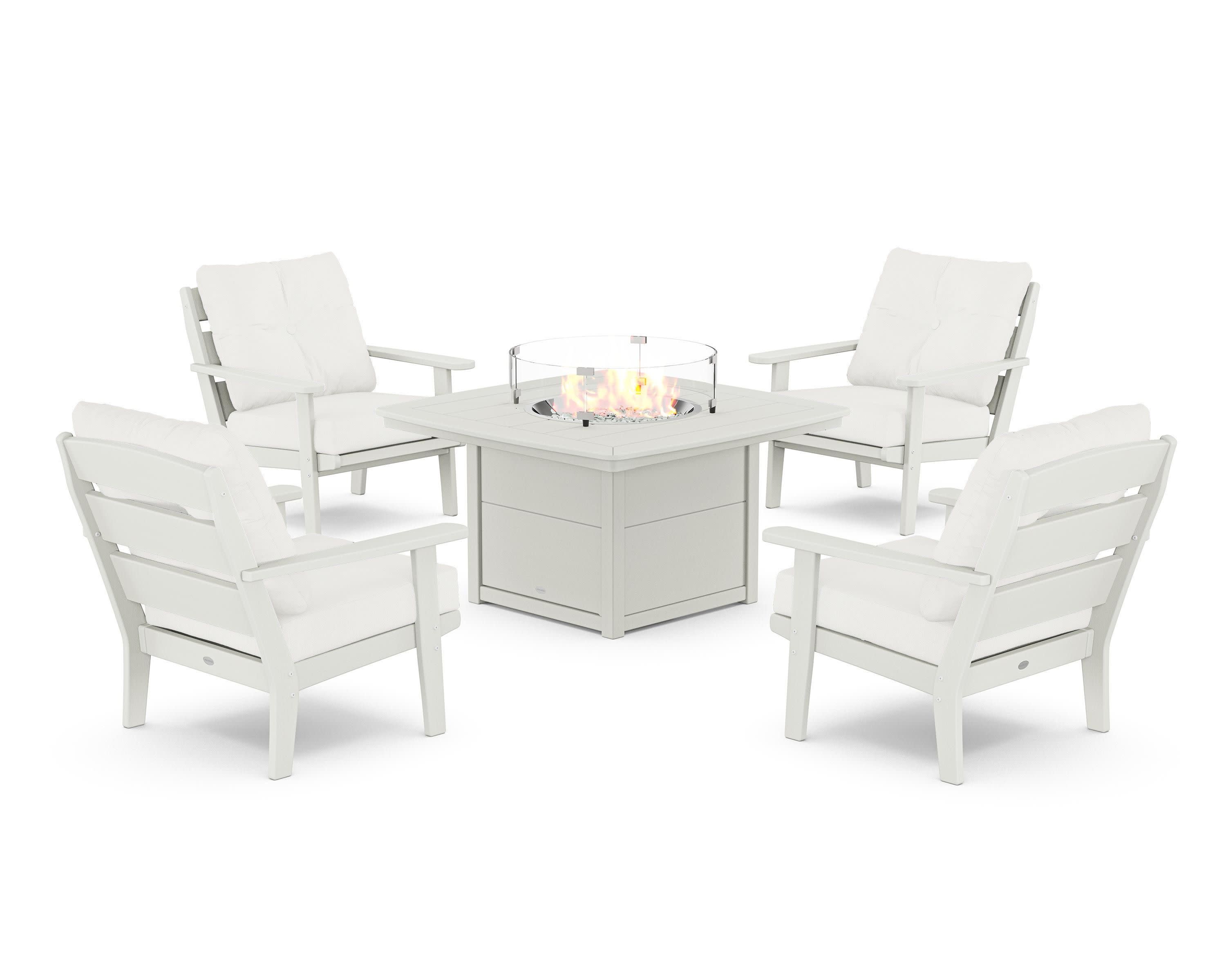 Lakeside 5-Piece Deep Seating Set with Nautical Fire Pit Table in Vintage White / Natural Linen