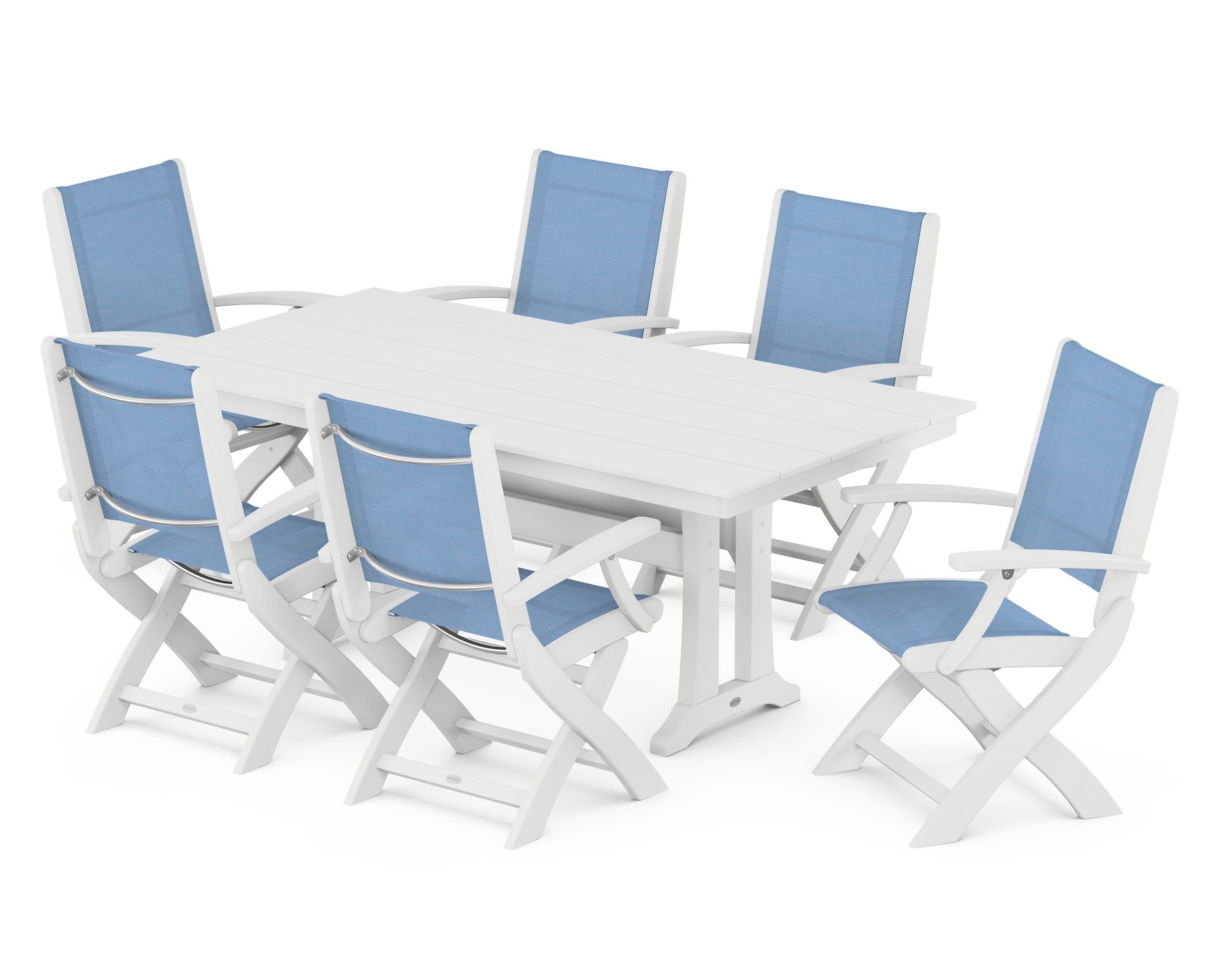 Coastal Folding Arm Chair 7-Piece Farmhouse Dining Set with Trestle Legs in White / Poolside Sling