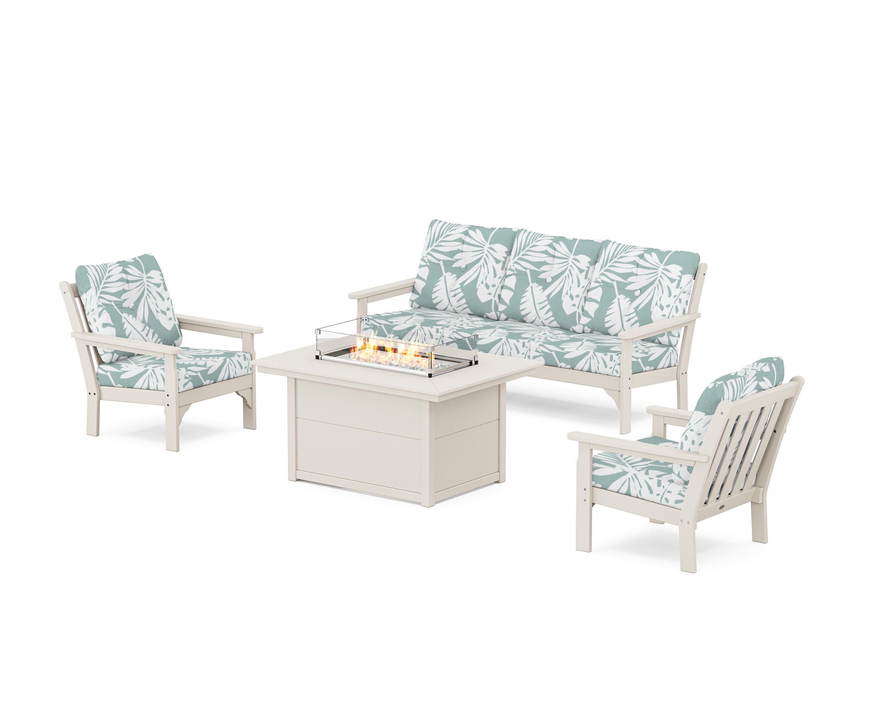 Vineyard Deep Seating Fire Pit Table Set in Sand / Leaf Glacier Spa