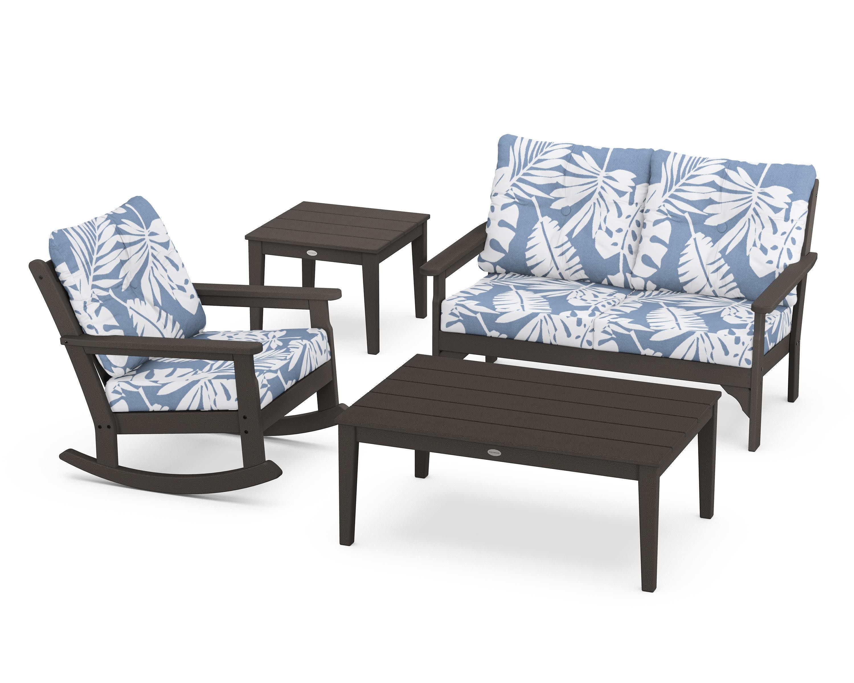 Vineyard 4-Piece Deep Seating Rocker Set in Vintage Coffee / Leaf Sky Blue
