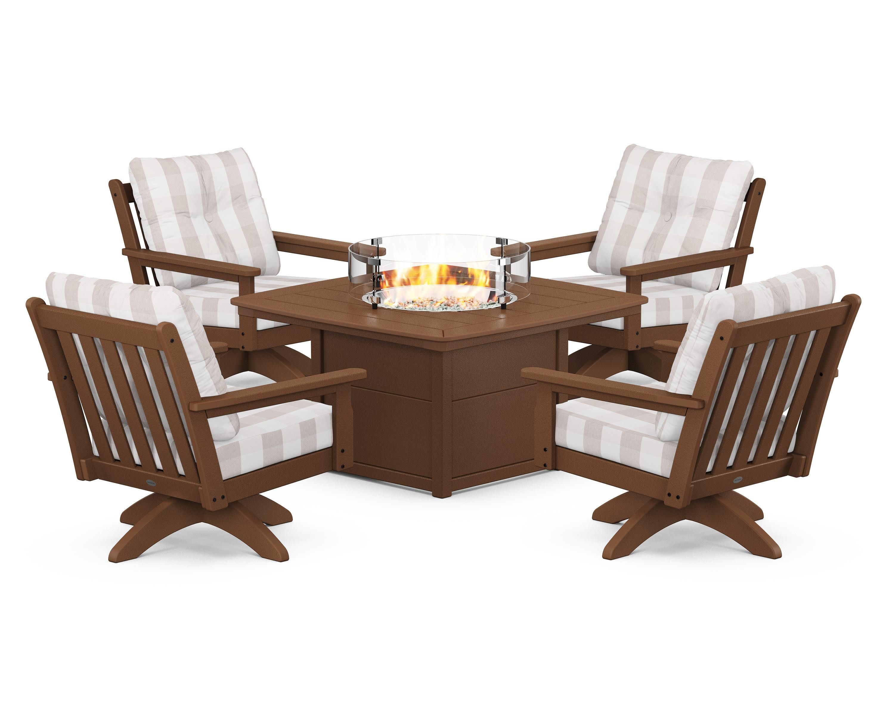 Vineyard 5-Piece Deep Seating Swivel Conversation Set with Fire Pit Table in Teak / Buffalo Plaid Dune Burlap