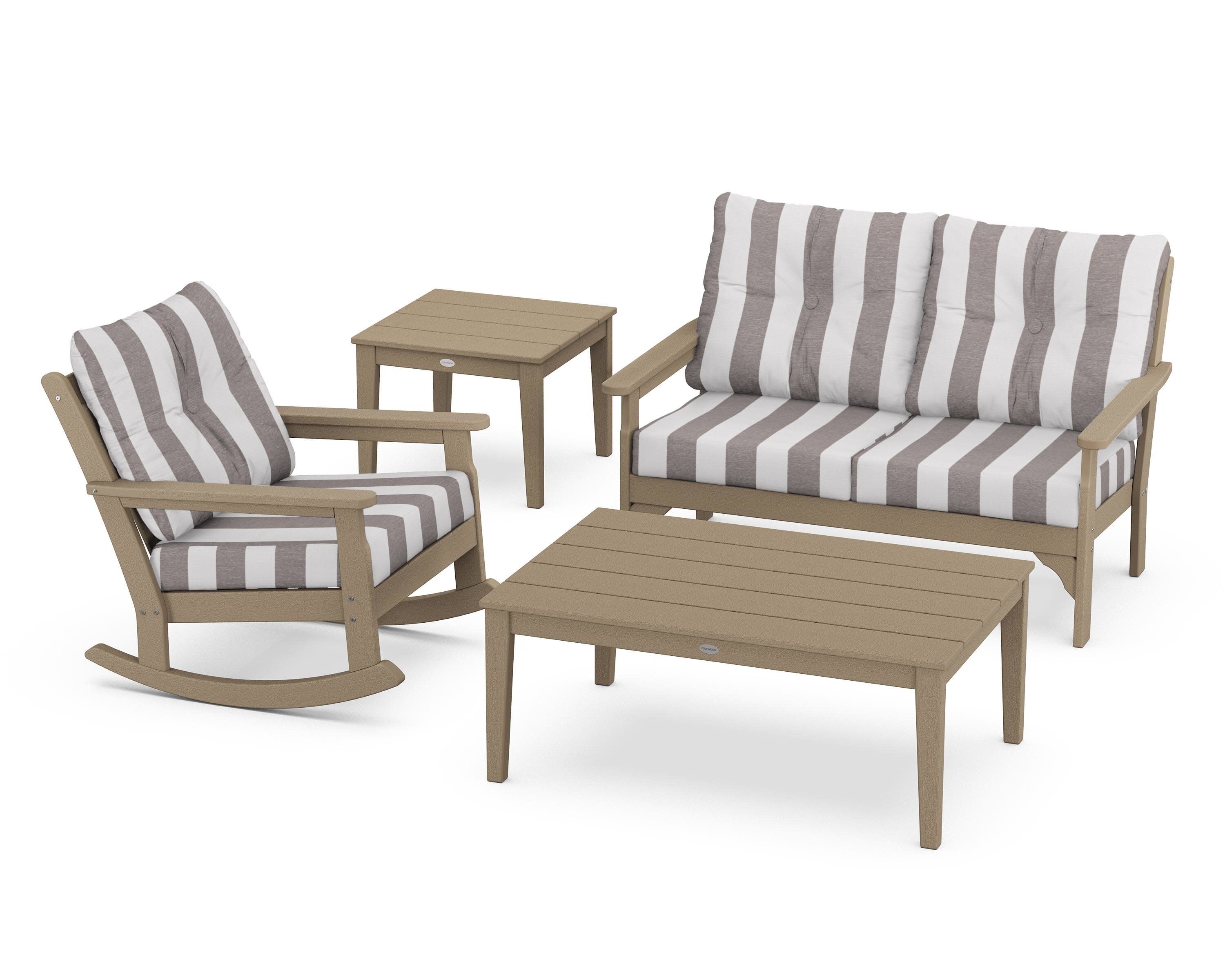 Vineyard 4-Piece Deep Seating Rocker Set in Vintage Sahara / Cabana Stripe Grey Mist