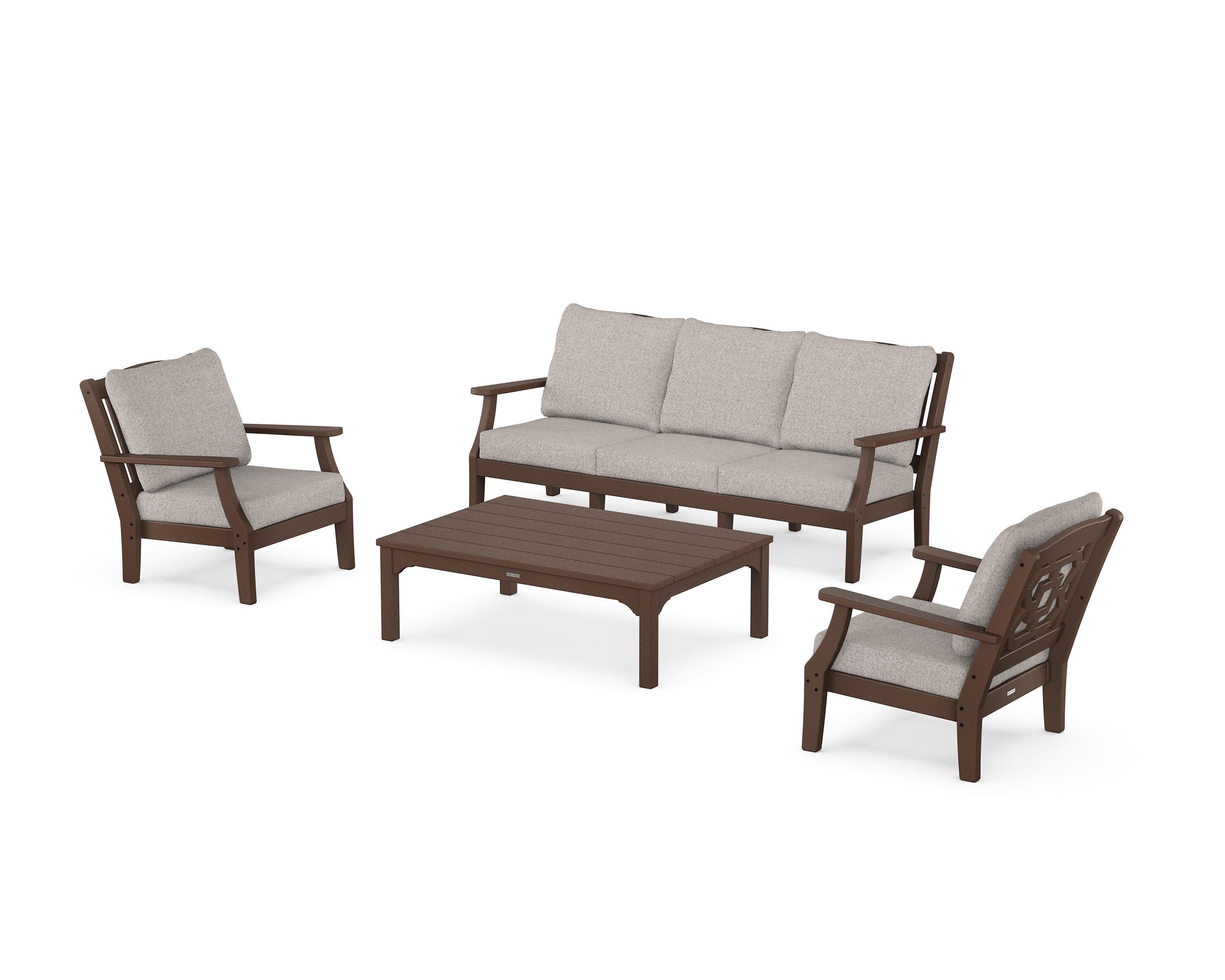 Chinoiserie 4-Piece Deep Seating Set with Sofa in Mahogany / Weathered Tweed