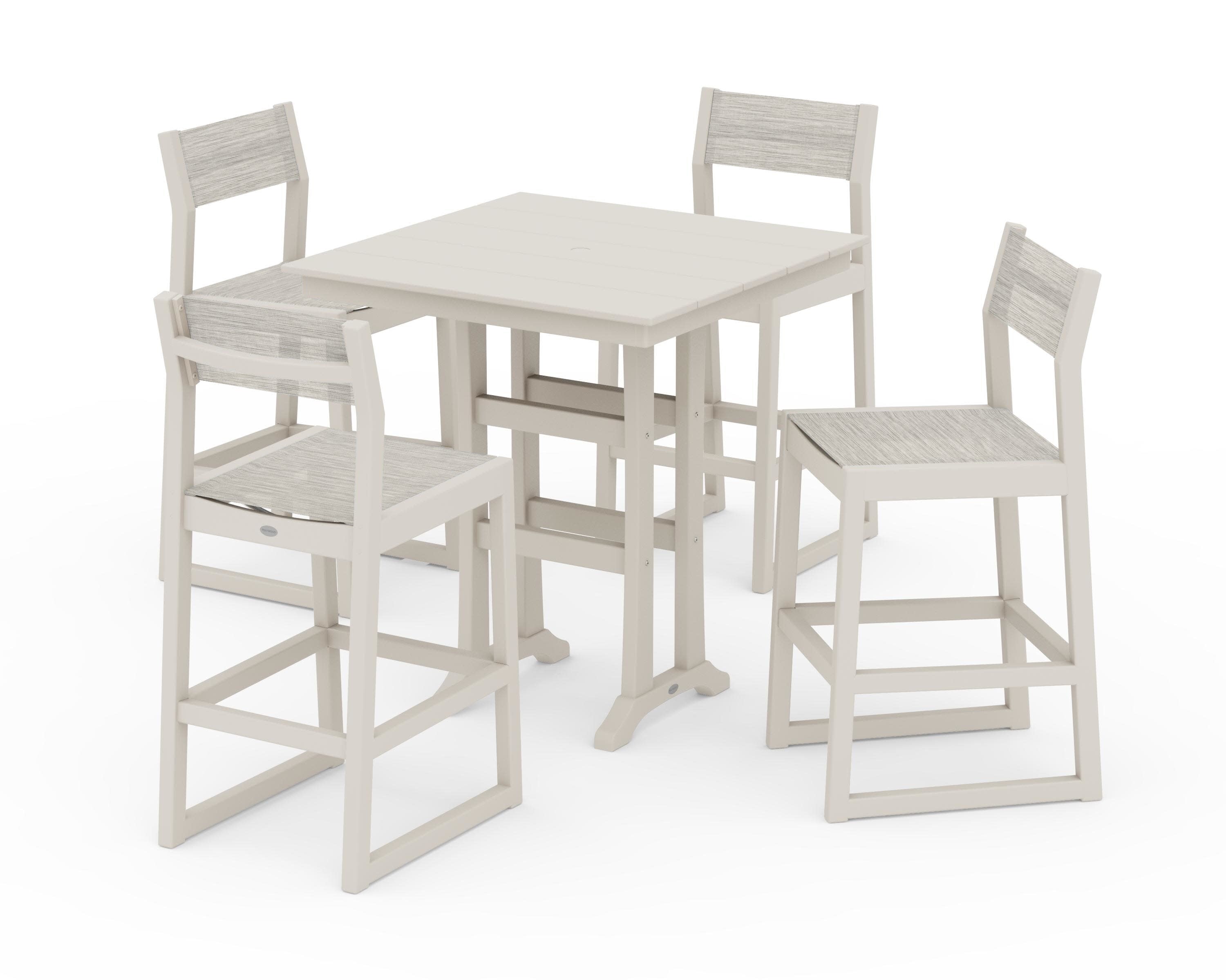 EDGE Sling Arm Chair 5-Piece Farmhouse Bar Set with Trestle Legs in Sand / Birch Sling