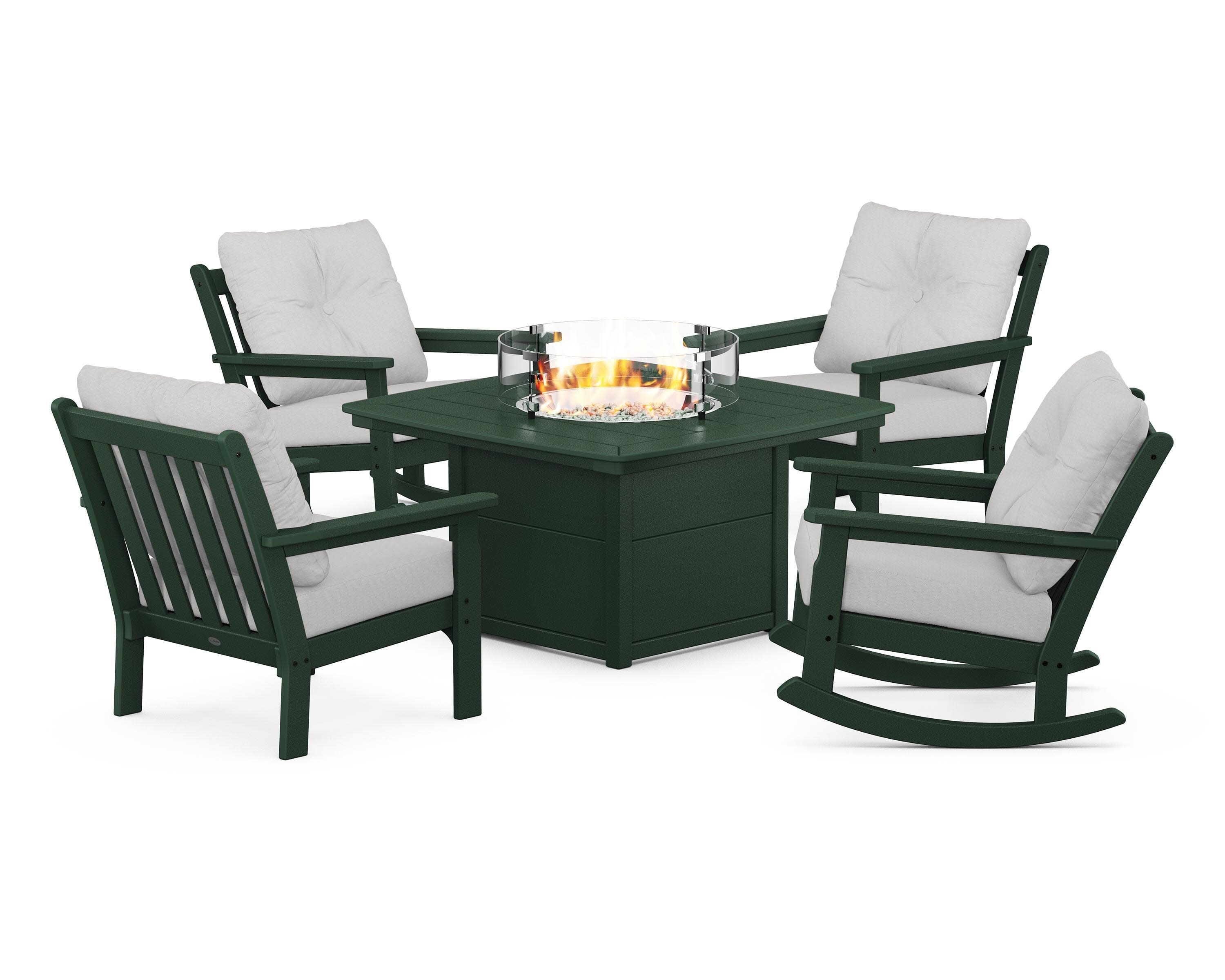 Vineyard 5-Piece Deep Seating Rocking Chair Conversation Set with Fire Pit Table in Green / Diamond in the Rough