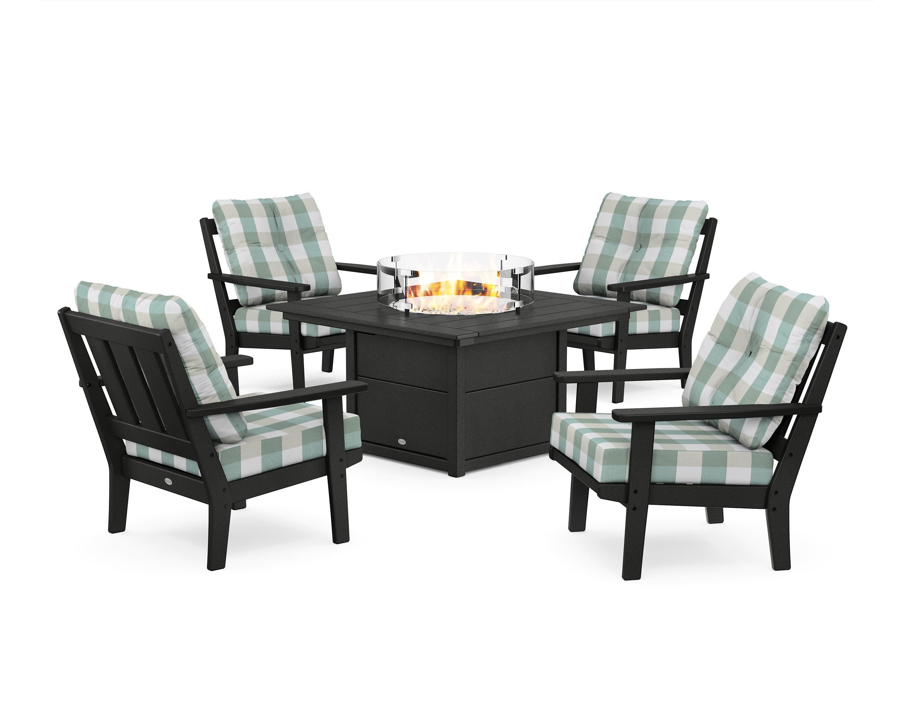 Oxford 5-Piece Deep Seating Set with Fire Pit Table in Black / Buffalo Plaid Glacier Spa