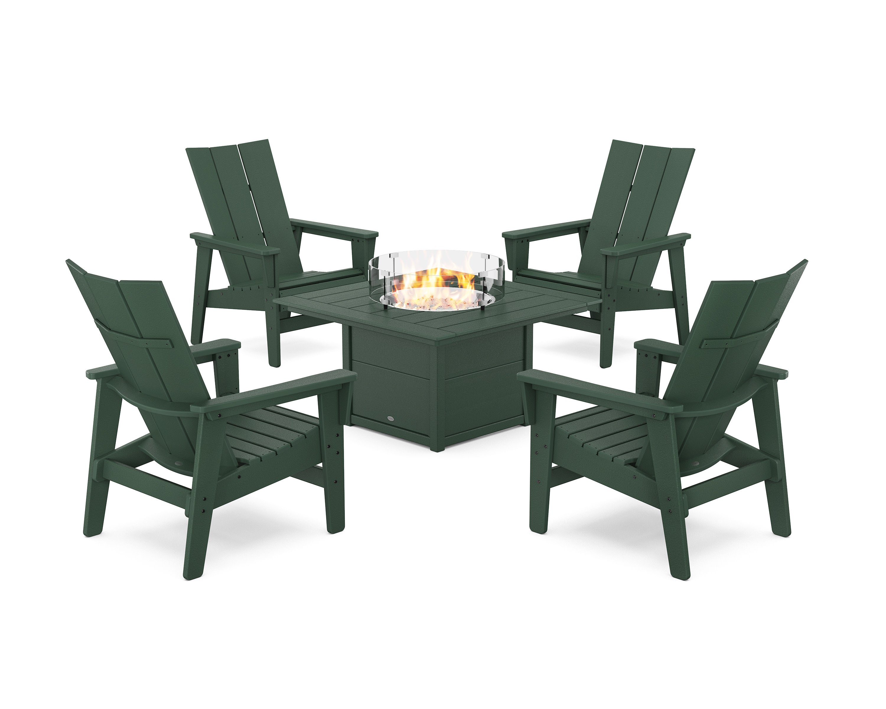 5-Piece Modern Grand Upright Adirondack Conversation Set with Fire Pit Table in Green