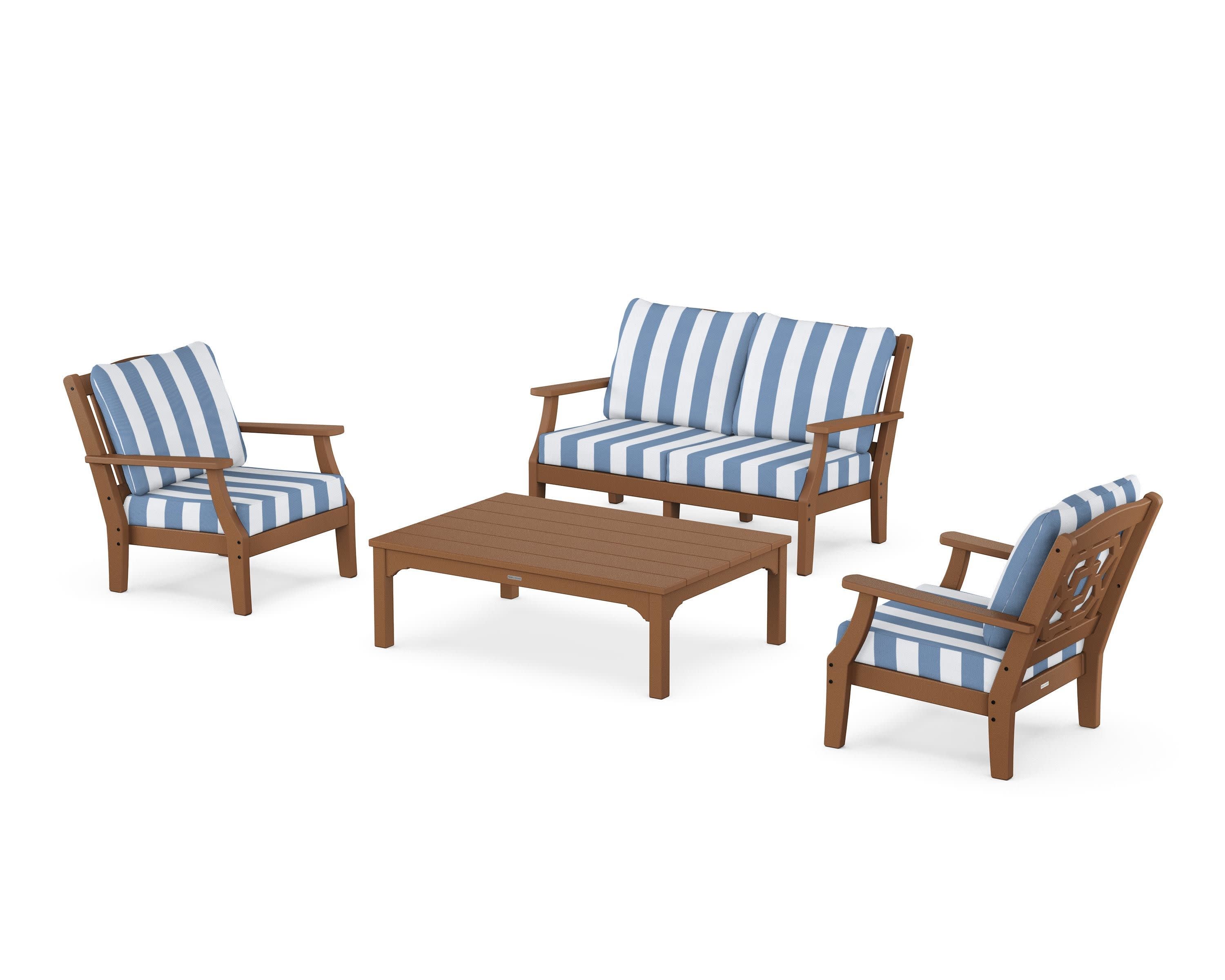 Chinoiserie 4-Piece Deep Seating Set with Loveseat in Teak / Cabana Stripe Sky Blue