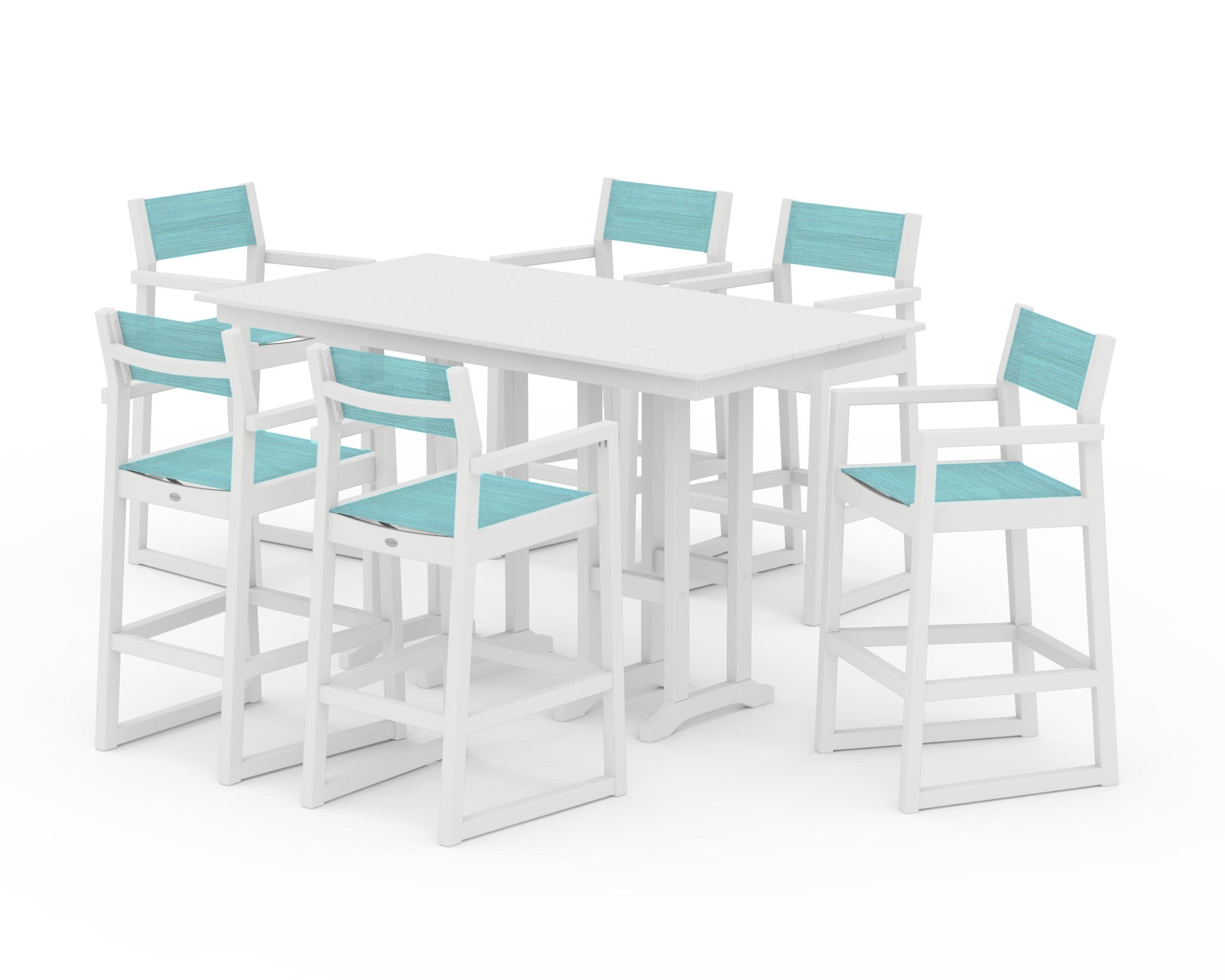 EDGE Sling Arm Chair 7-Piece Farmhouse Bar Set in White / Dupioni Aquamarine Sling