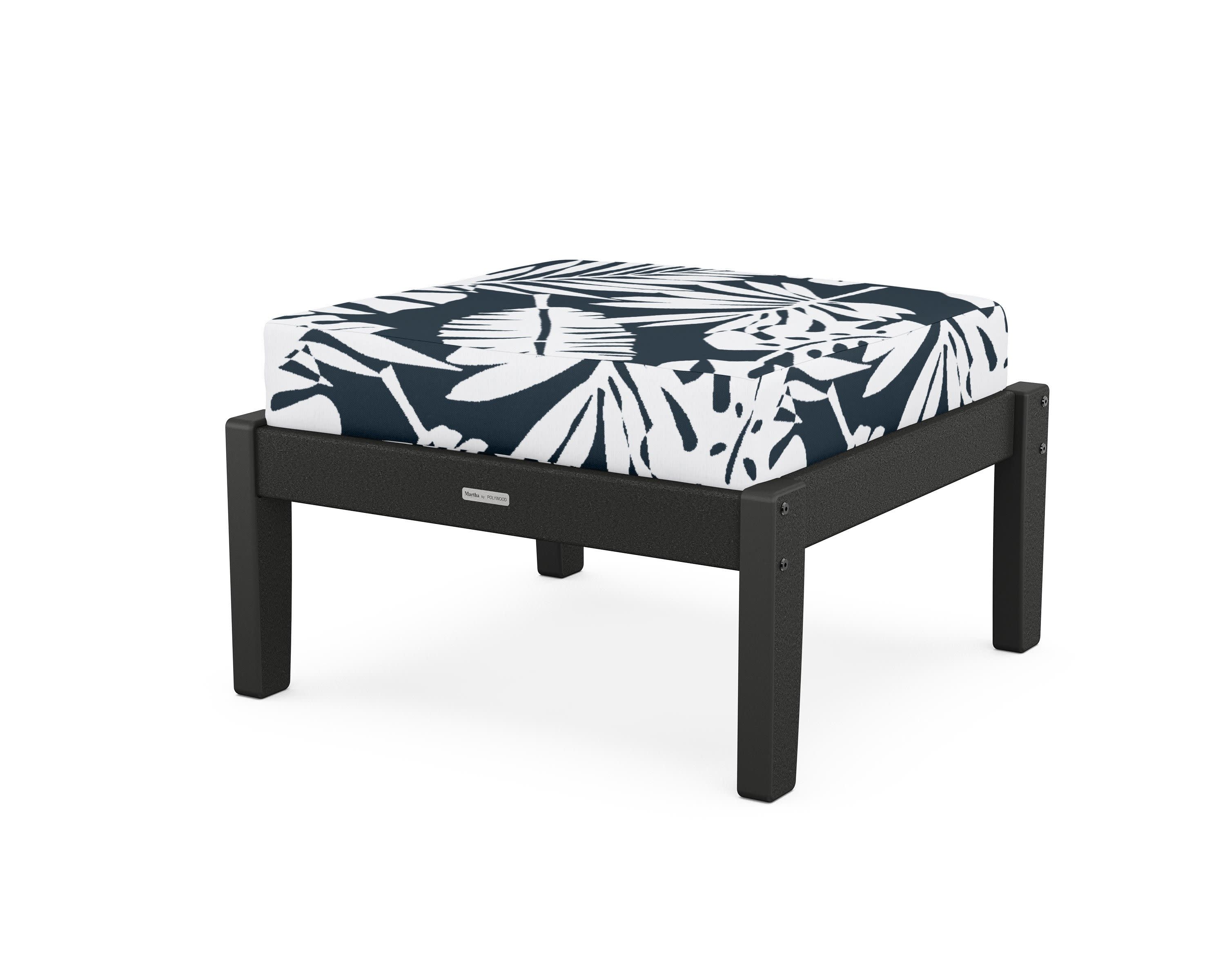 Chinoiserie Deep Seating Ottoman in Black / Leaf Marine Indigo