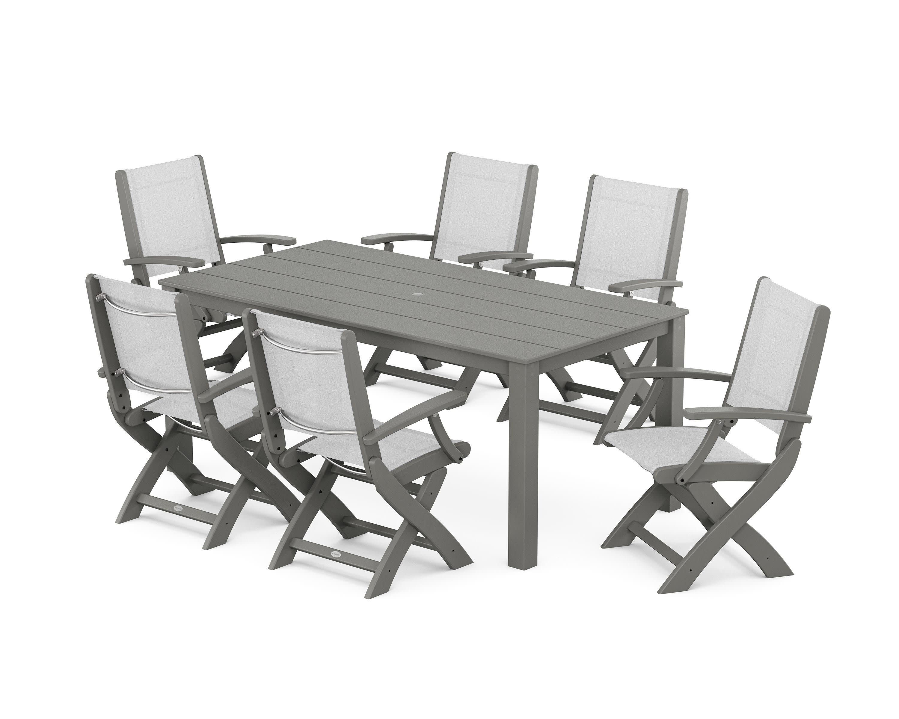 Coastal Folding Chair 7-Piece Parsons Dining Set in Slate Grey / White Sling