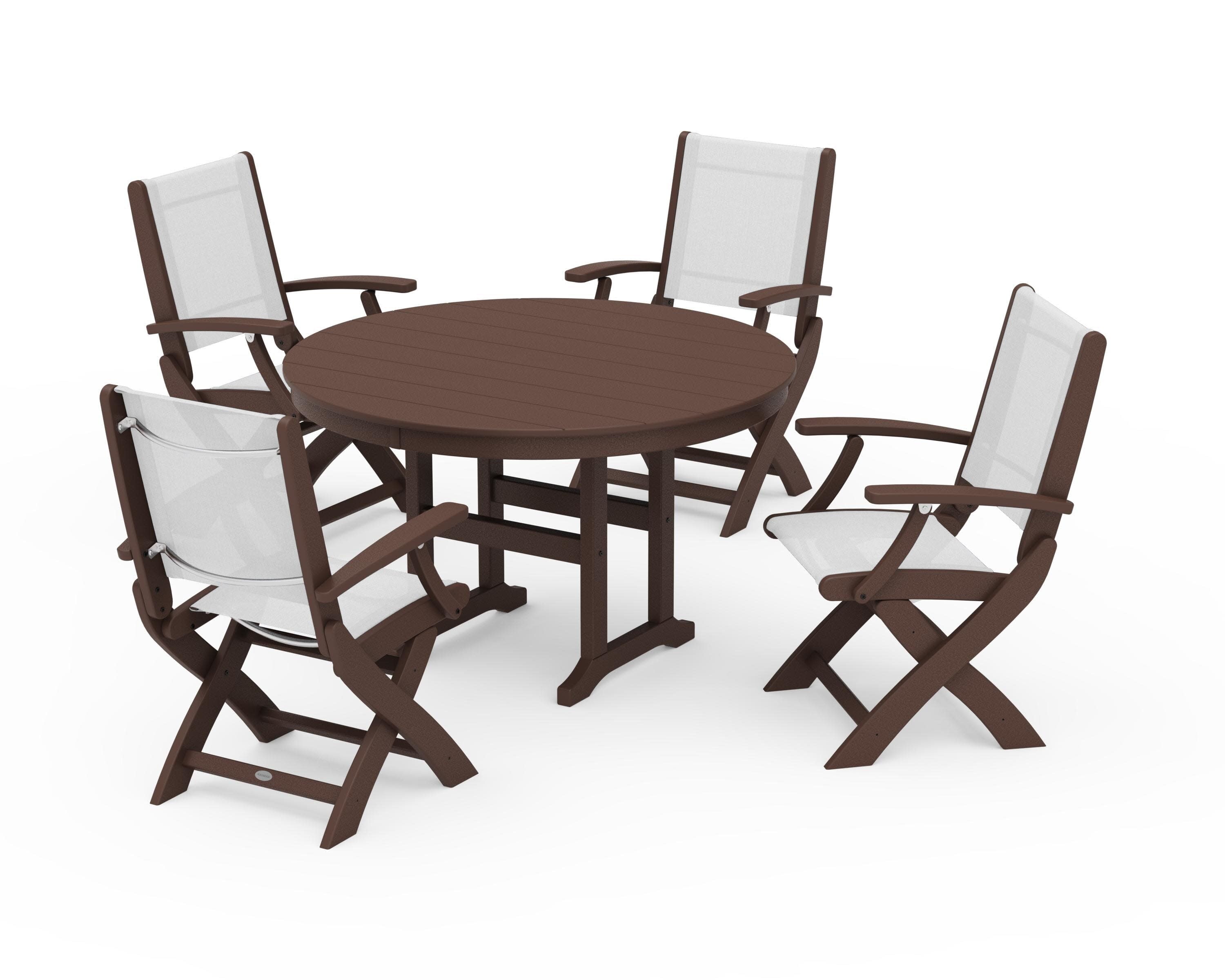 Coastal Folding Chair 5-Piece Round Dining Set in Mahogany / White Sling