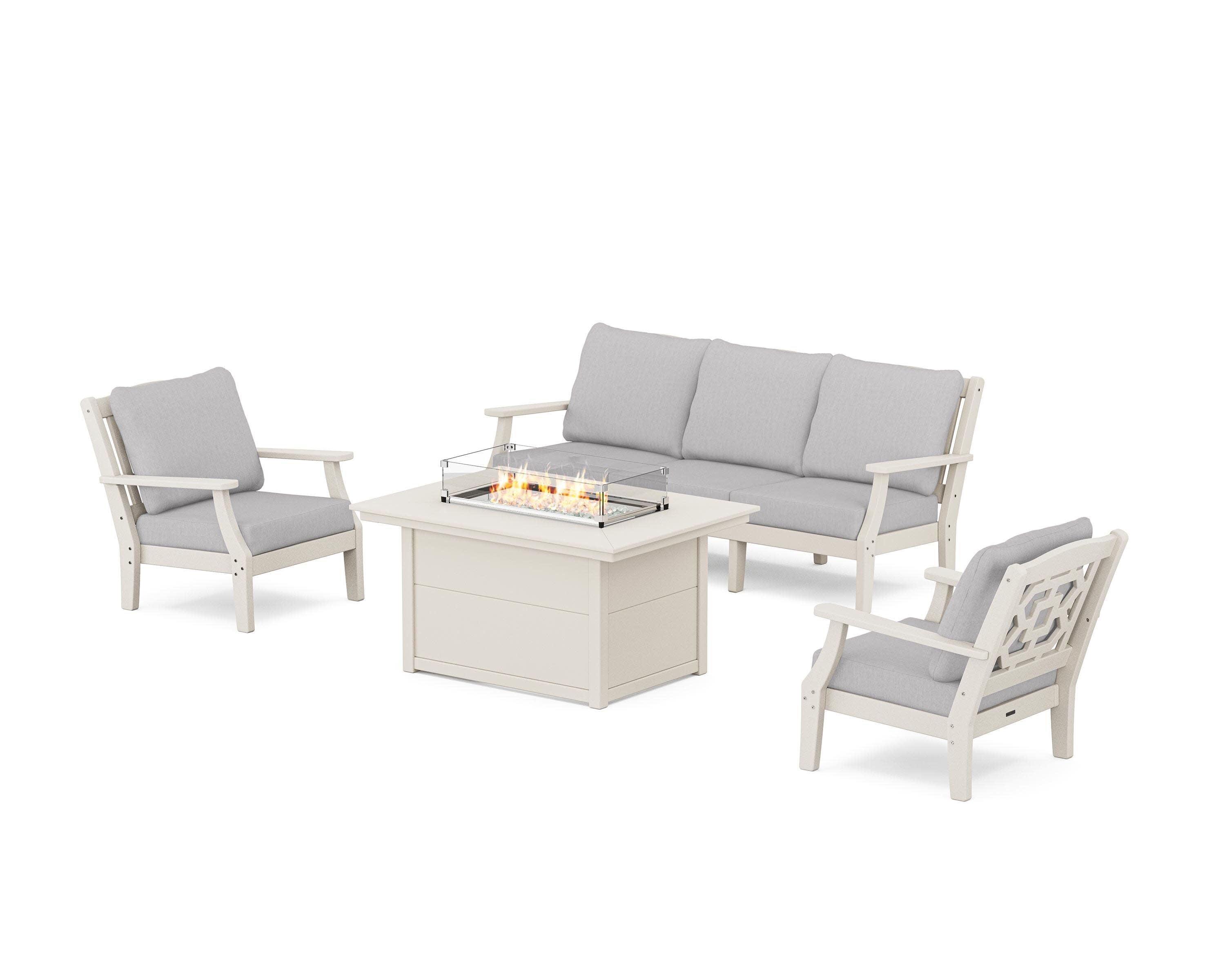 Chinoiserie Deep Seating Fire Pit Table Set in Sand / Granite