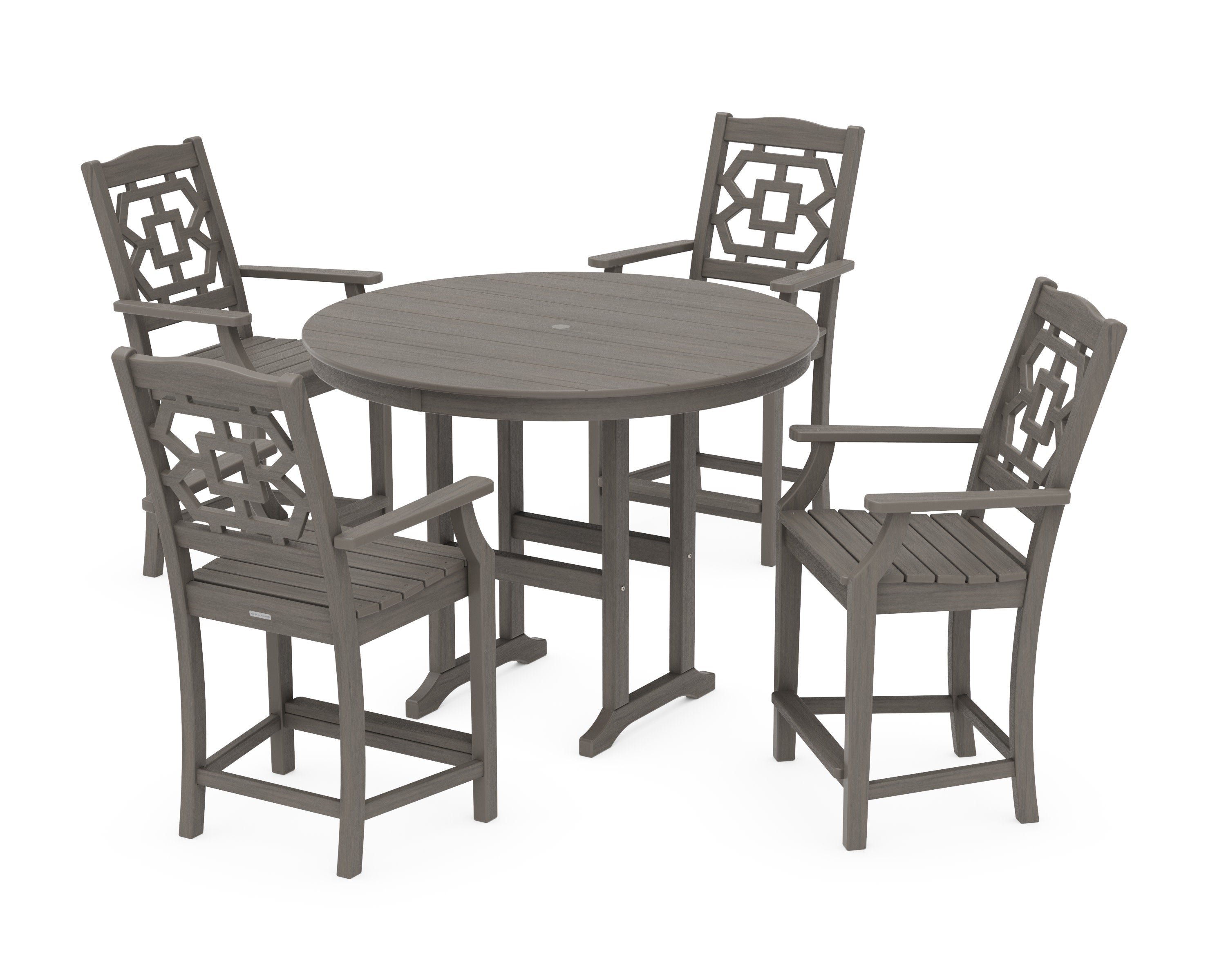 Chinoiserie 5-Piece Round Farmhouse Counter Set in Driftwood