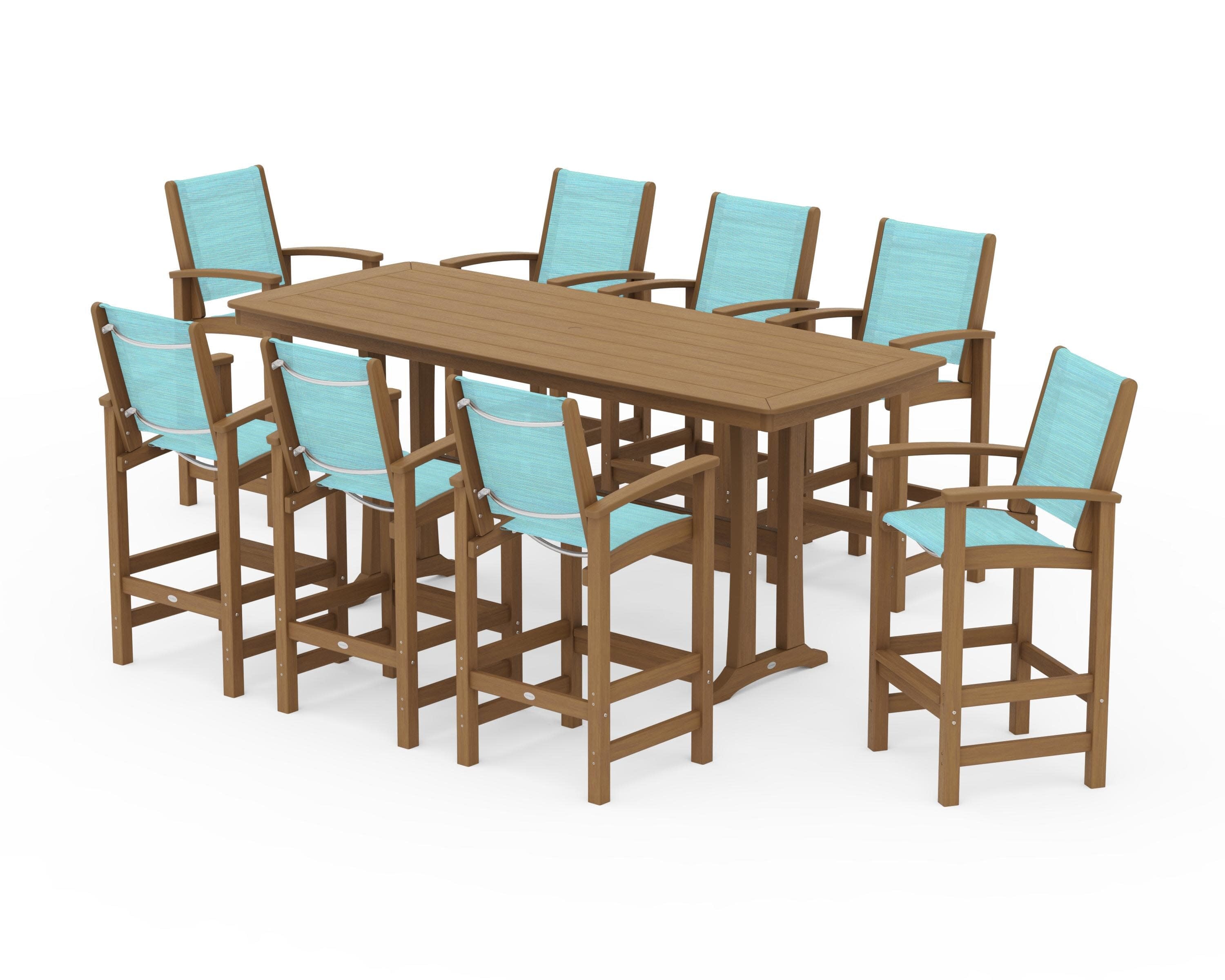 Coastal 9-Piece Bar Set with Trestle Legs in Natural / Dupioni Aquamarine Sling