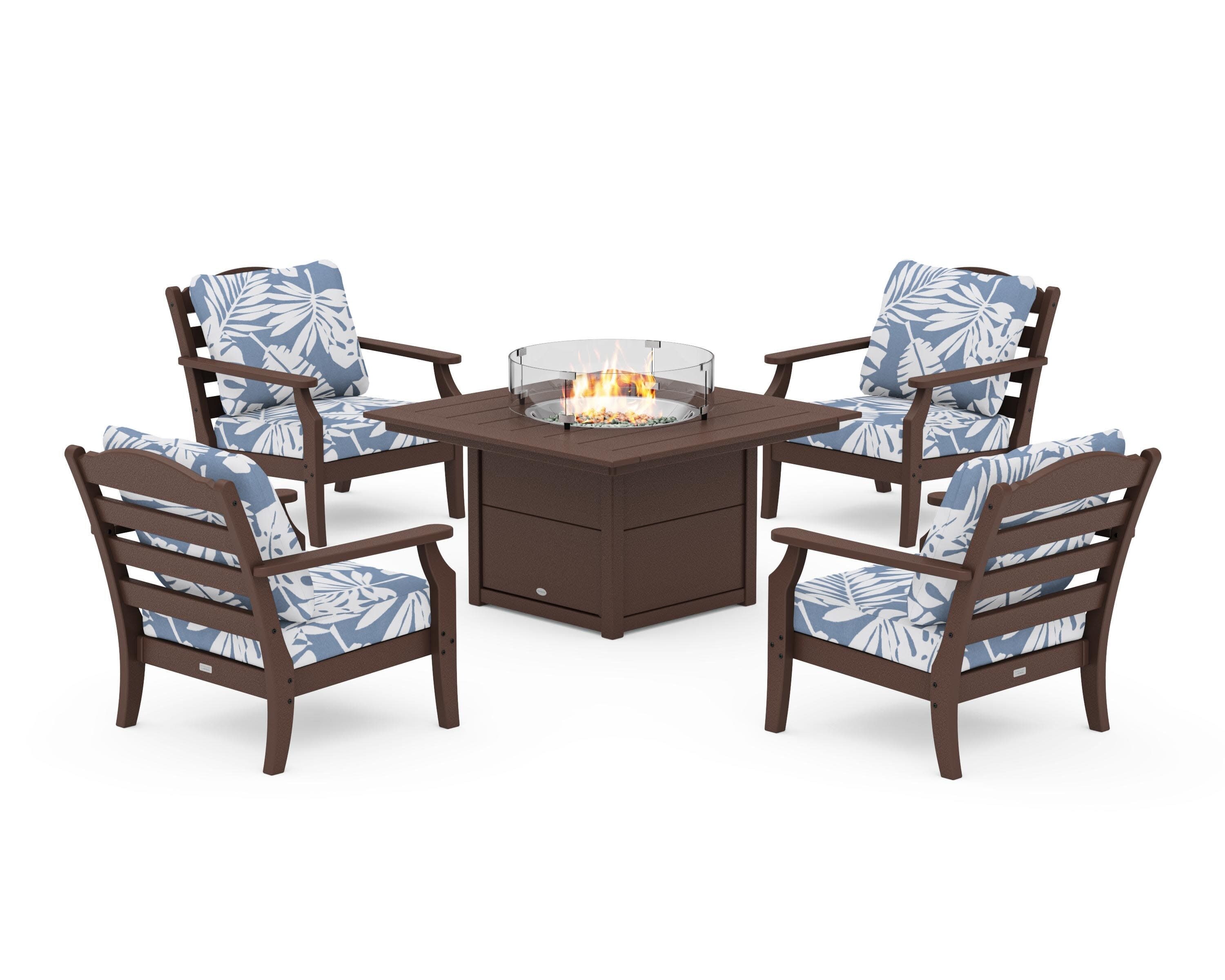 Savannah 5-Piece Deep Seating Set with Fire Pit Table in Mahogany / Leaf Sky Blue