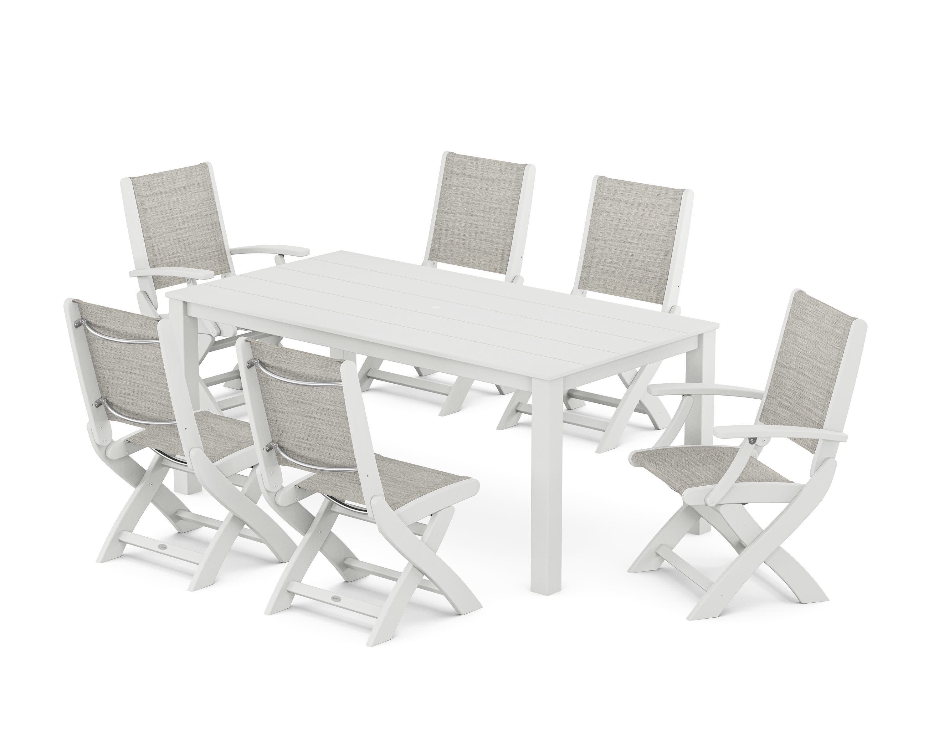 Coastal Folding Chair 7-Piece Parsons Dining Set in White / Birch Sling