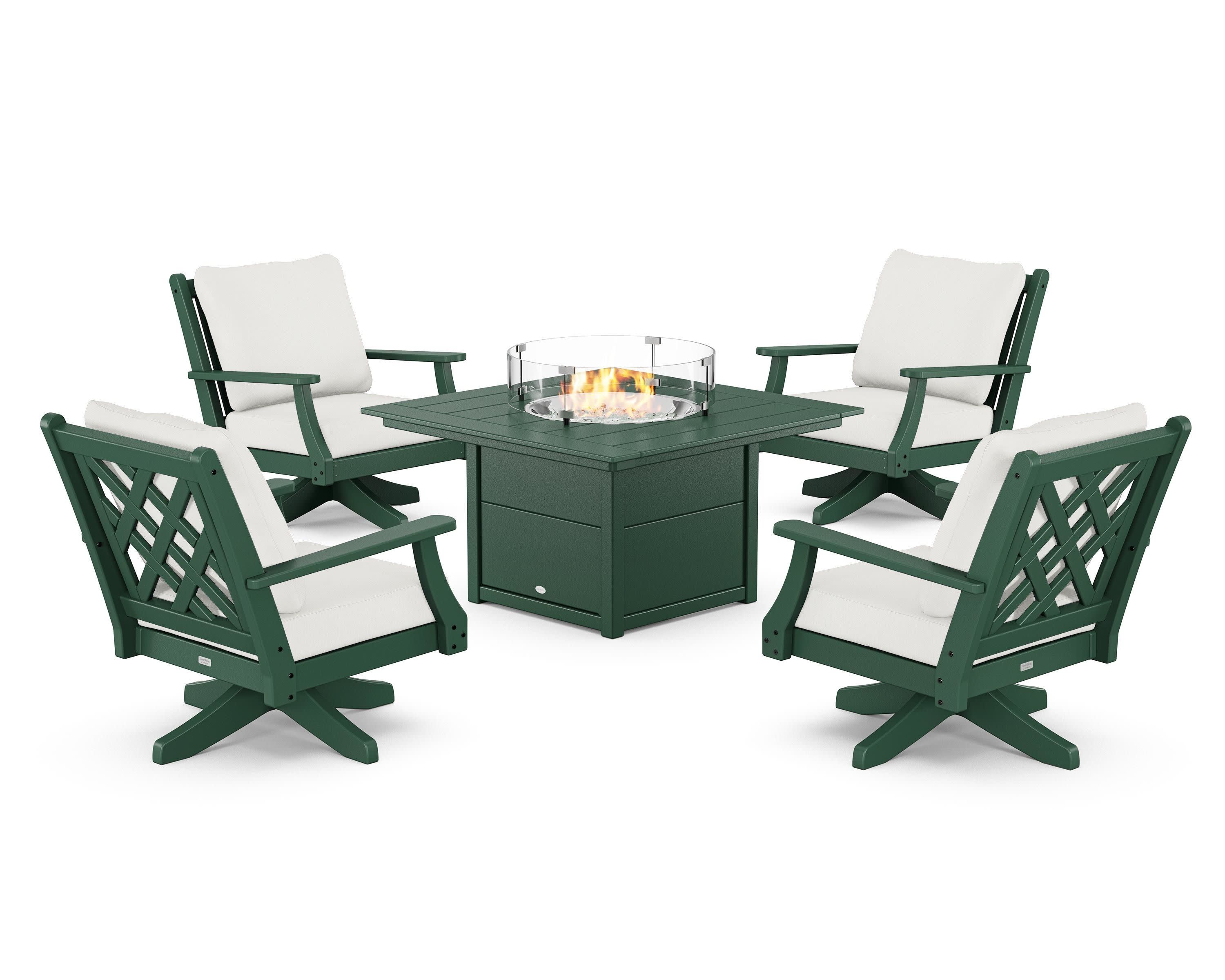 Wovendale 5-Piece Deep Seating Swivel Conversation Set with Fire Pit Table in Green / Natural Linen