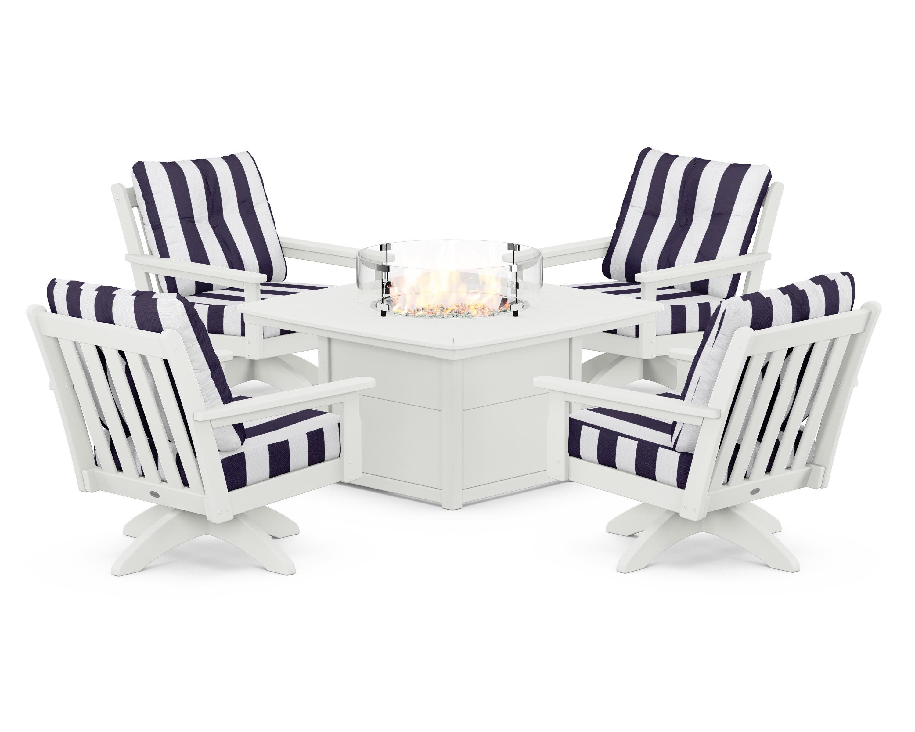 Vineyard 5-Piece Deep Seating Swivel Conversation Set with Fire Pit Table in Vintage White / Cabana Stripe Navy