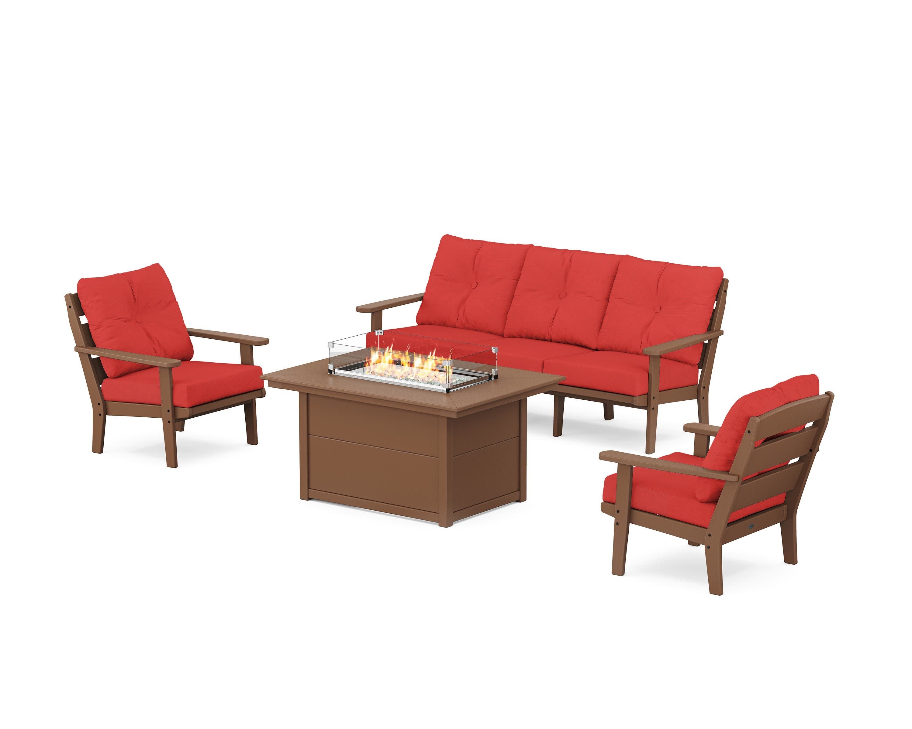 Lakeside Deep Seating Fire Pit Table Set in Teak / Crimson Linen