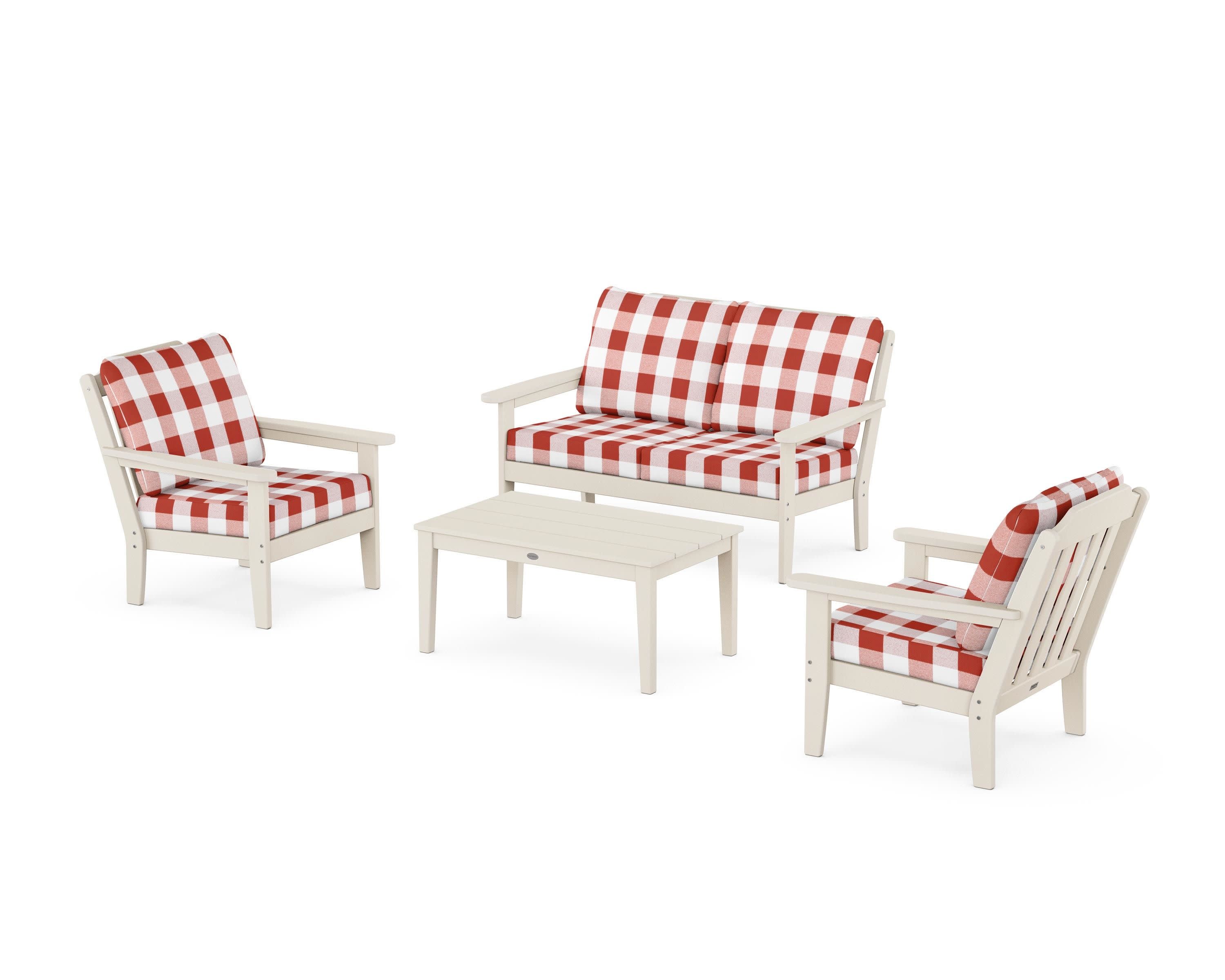 Cottage 4-Piece Deep Seating Set with Loveseat in Sand / Buffalo Plaid Crimson