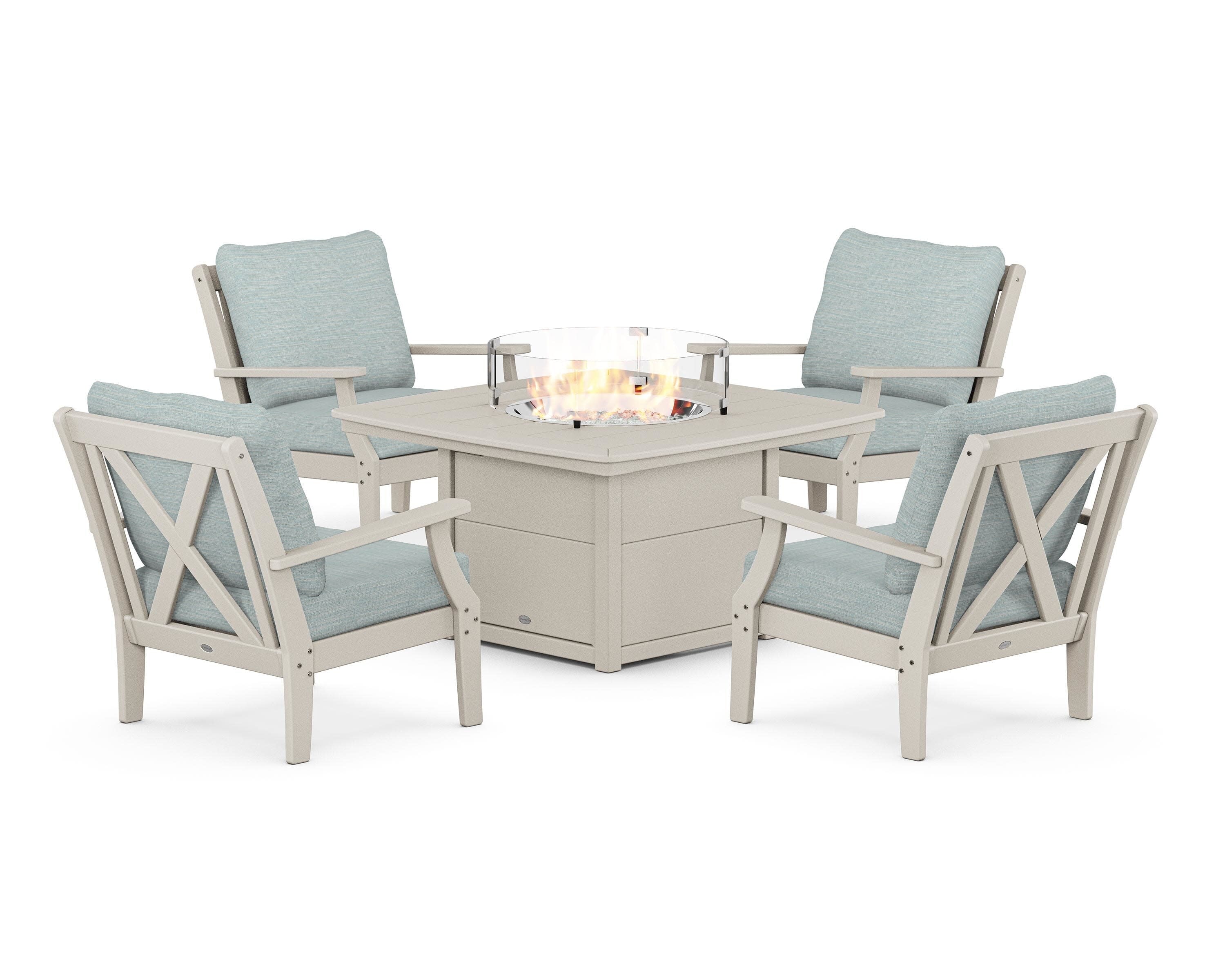 Braxton 5-Piece Deep Seating Conversation Set with Fire Pit Table in Sand / Soothe Mist