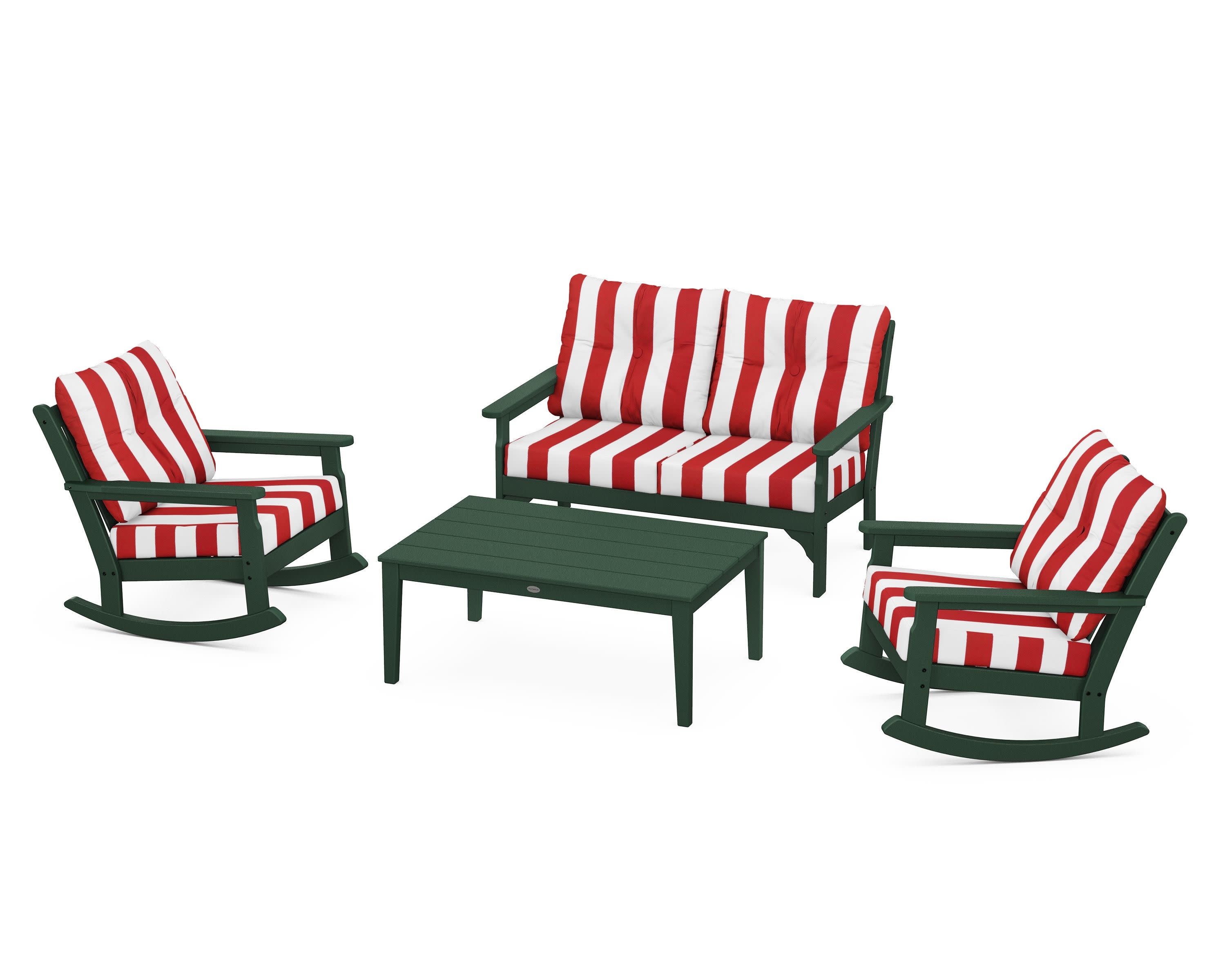Vineyard 4-Piece Deep Seating Rocking Chair Set in Green / Cabana Stripe Crimson