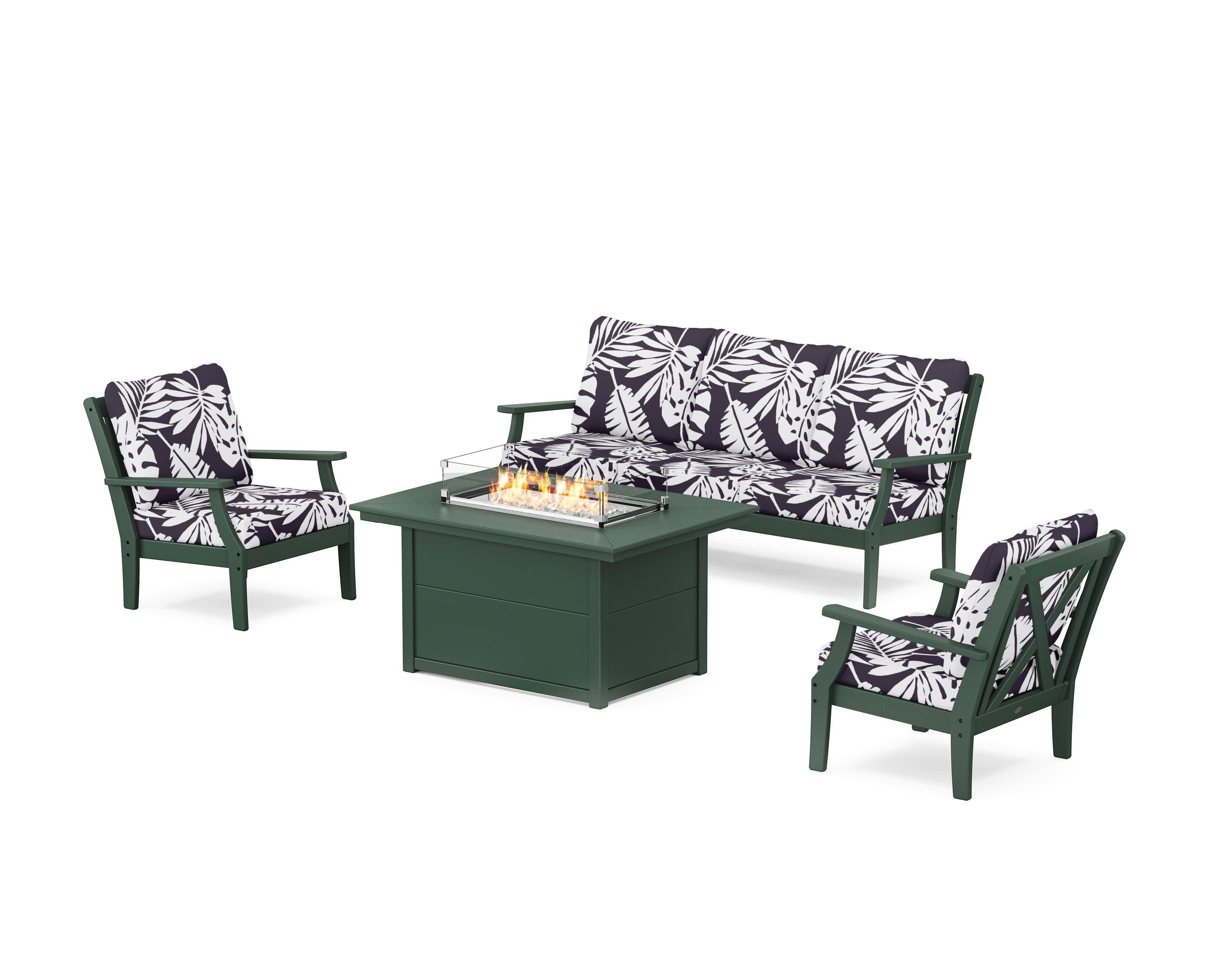 Braxton Deep Seating Fire Pit Table Set in Green / Leaf Navy