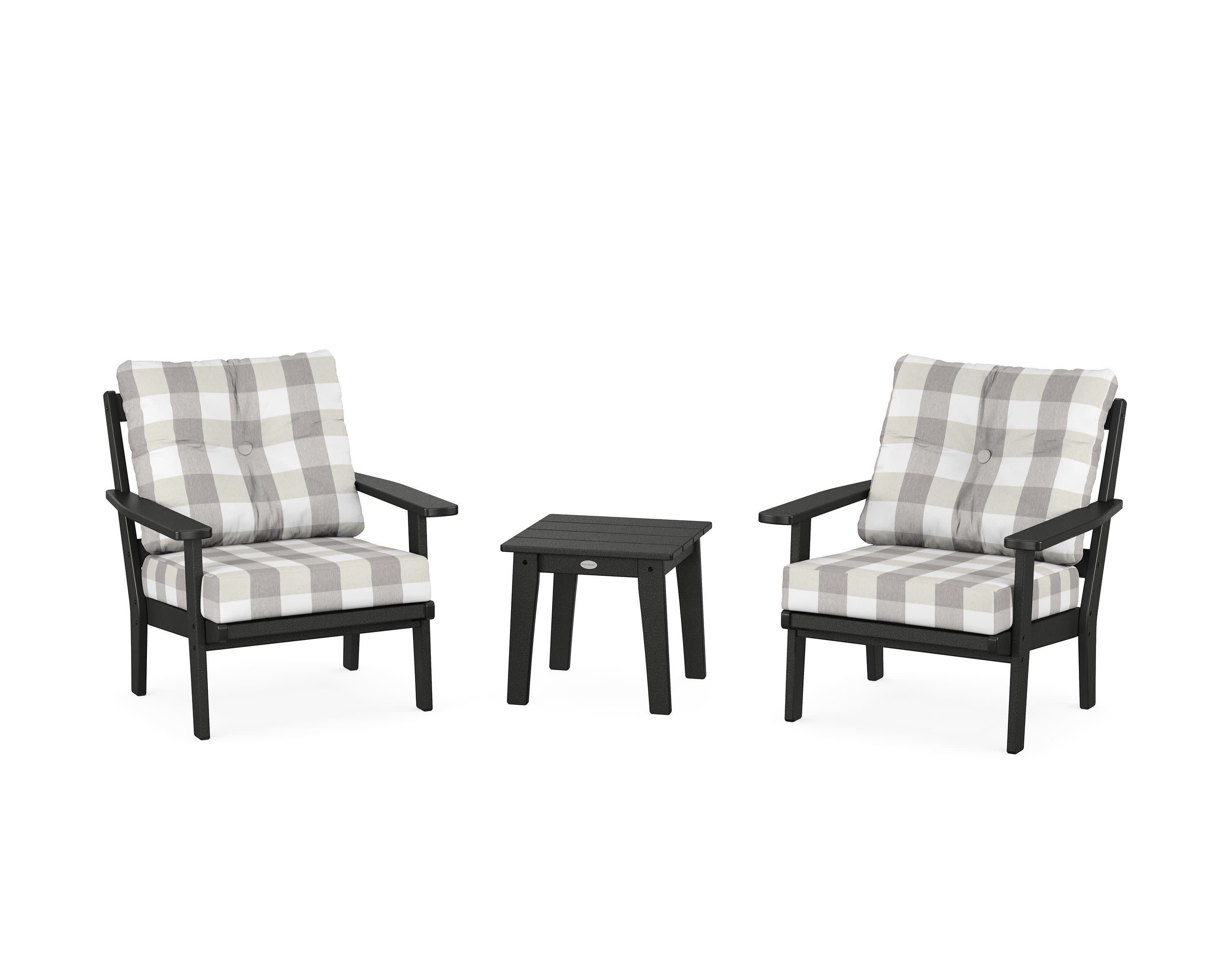 Oxford 3-Piece Deep Seating Set in Black / Buffalo Plaid Grey Mist