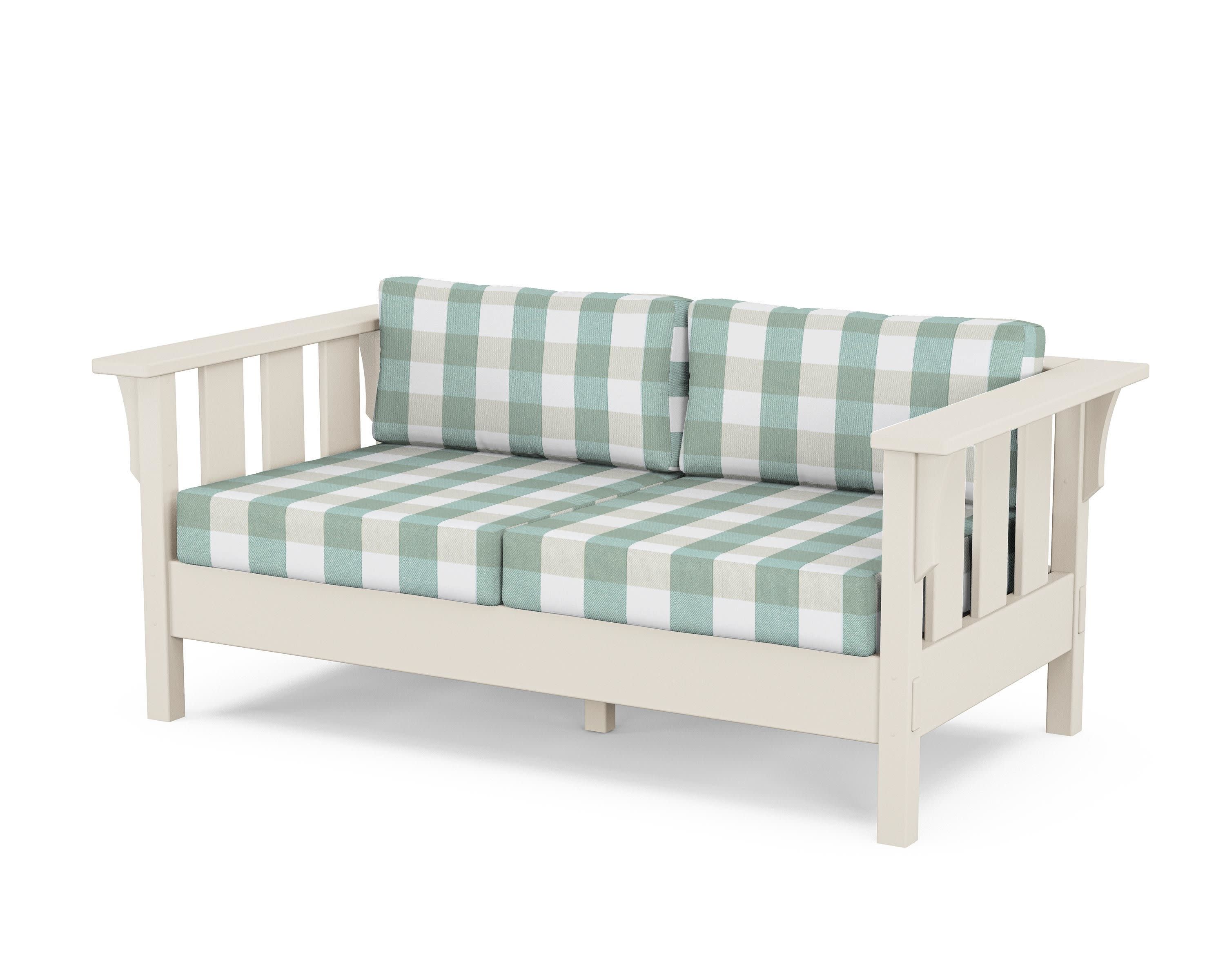 Acadia Deep Seating Loveseat in Sand / Buffalo Plaid Glacier Spa