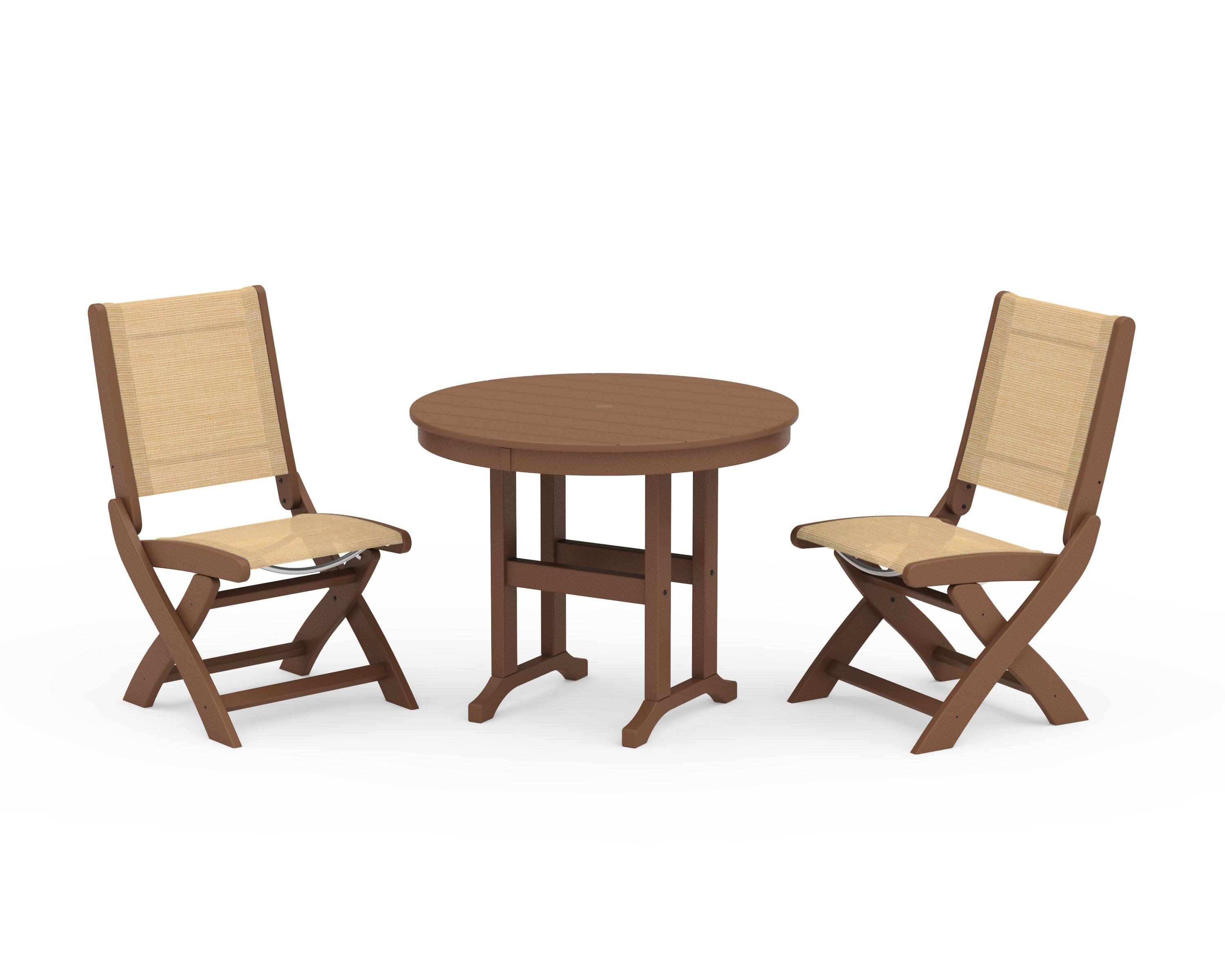 Coastal Folding Side Chair 3-Piece Round Dining Set in Teak / Dupioni Apricot Sling