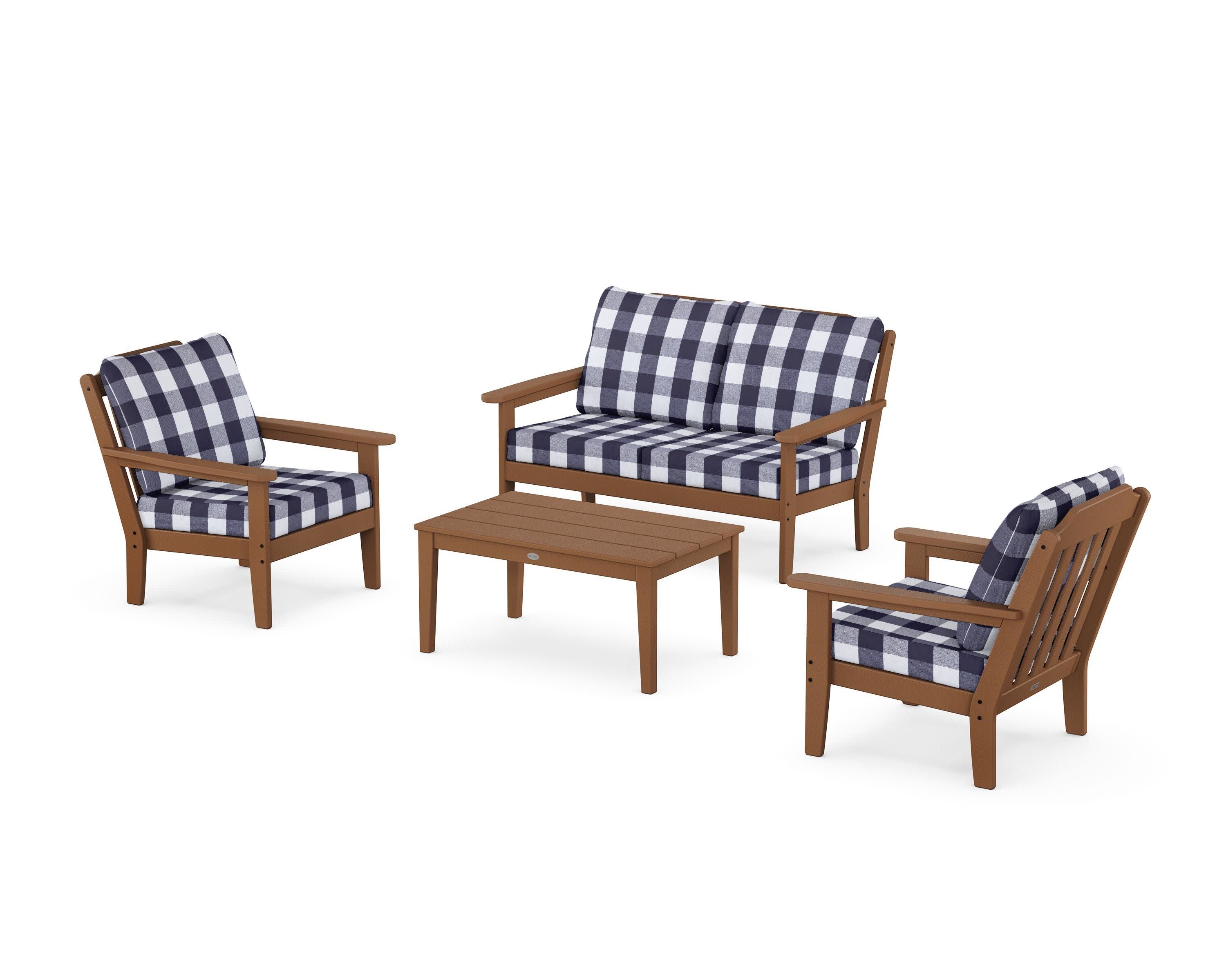 Cottage 4-Piece Deep Seating Set with Loveseat in Teak / Buffalo Plaid Navy