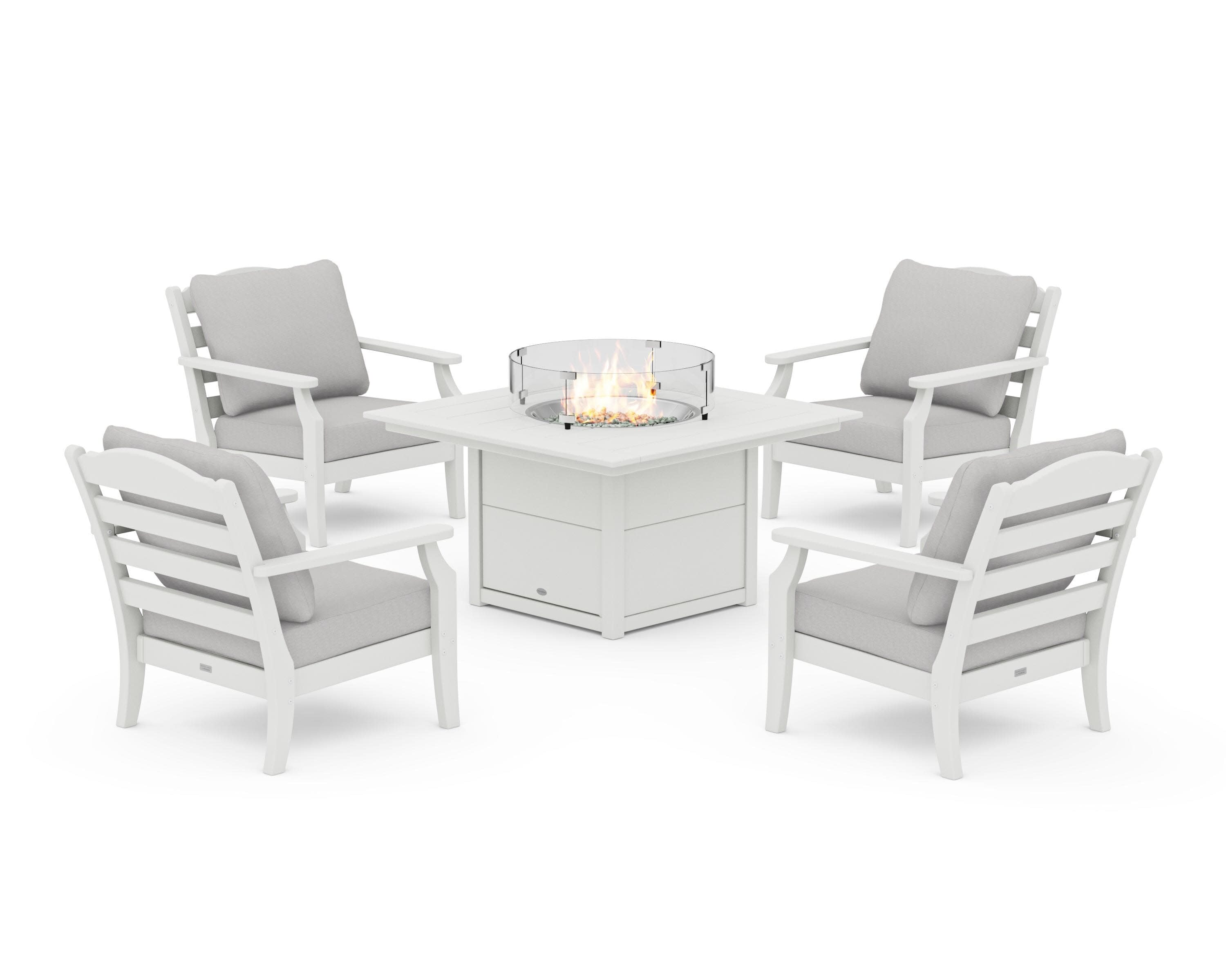 Savannah 5-Piece Deep Seating Set with Fire Pit Table in Vintage White / Diamond in the Rough