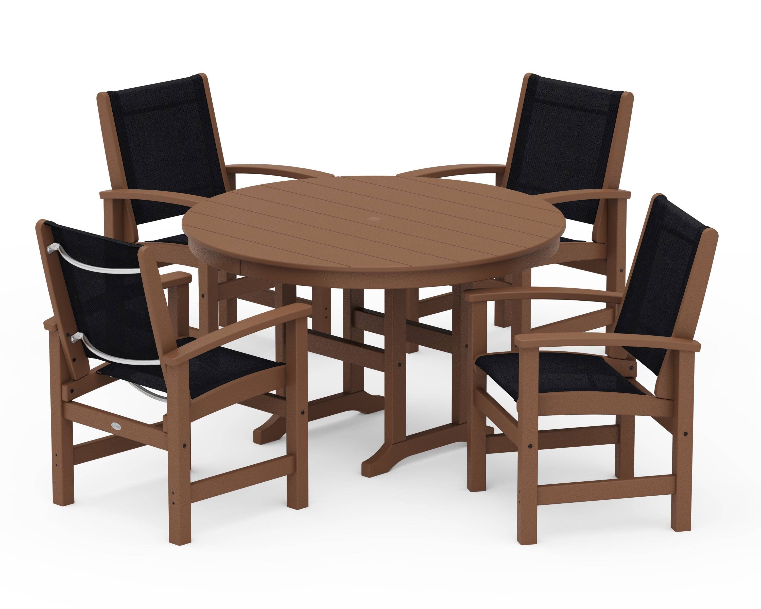 Coastal 5-Piece Round Farmhouse Dining Set in Teak / Black Sling