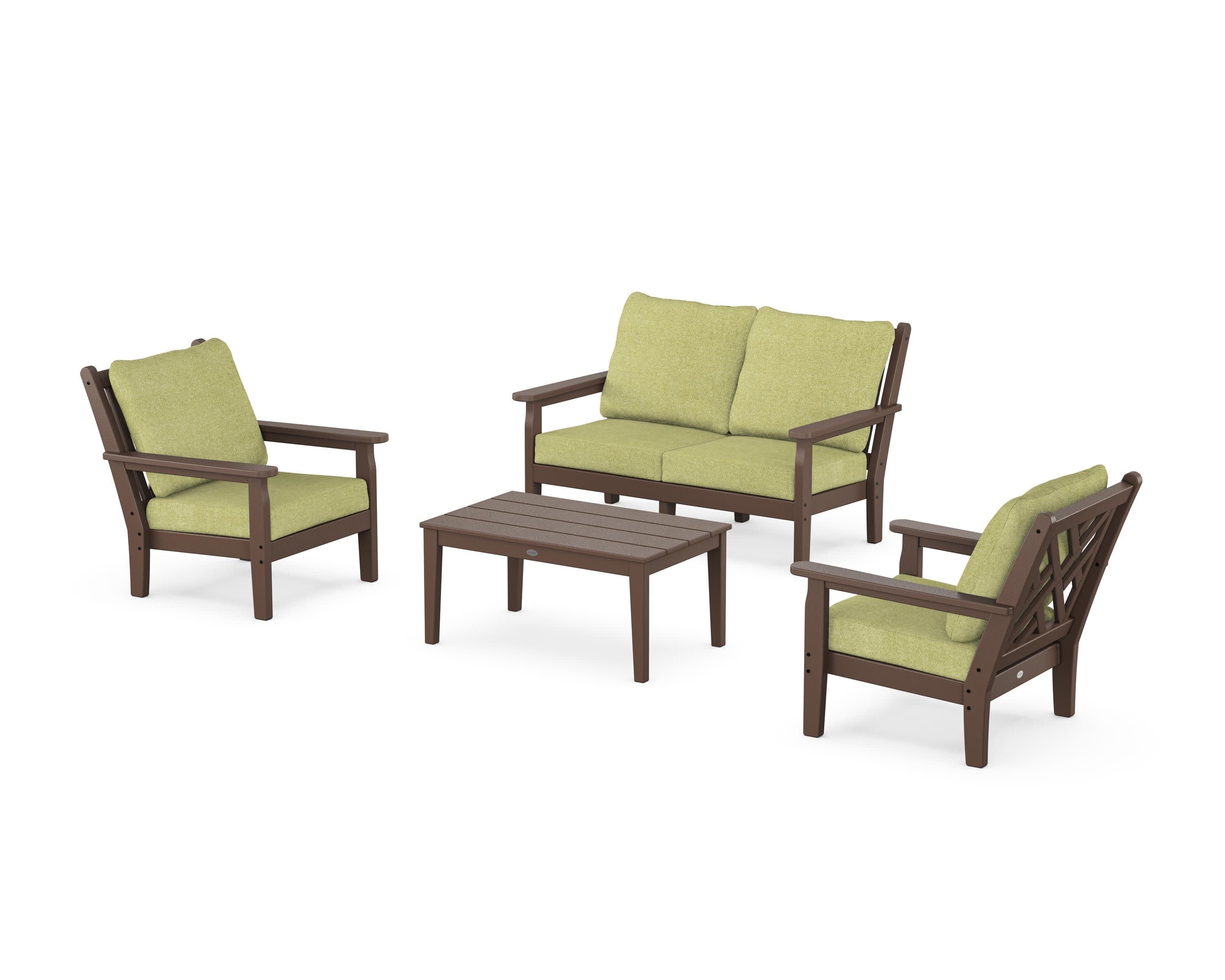 Chippendale 4-Piece Deep Seating Set with Loveseat in Mahogany / Chartreuse Boucle