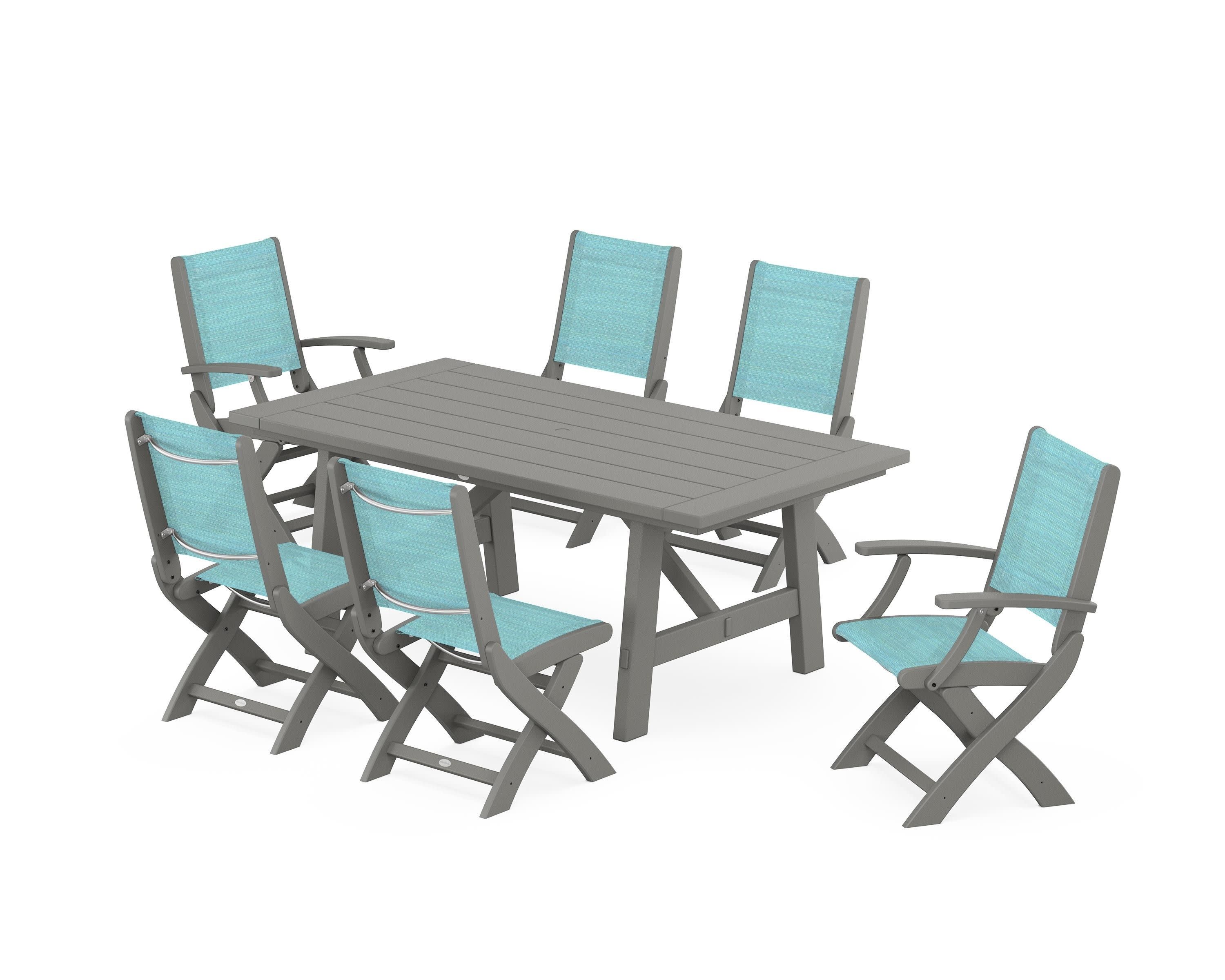 Coastal Folding Chair 7-Piece Rustic Farmhouse Dining Set in Slate Grey / Dupioni Aquamarine Sling