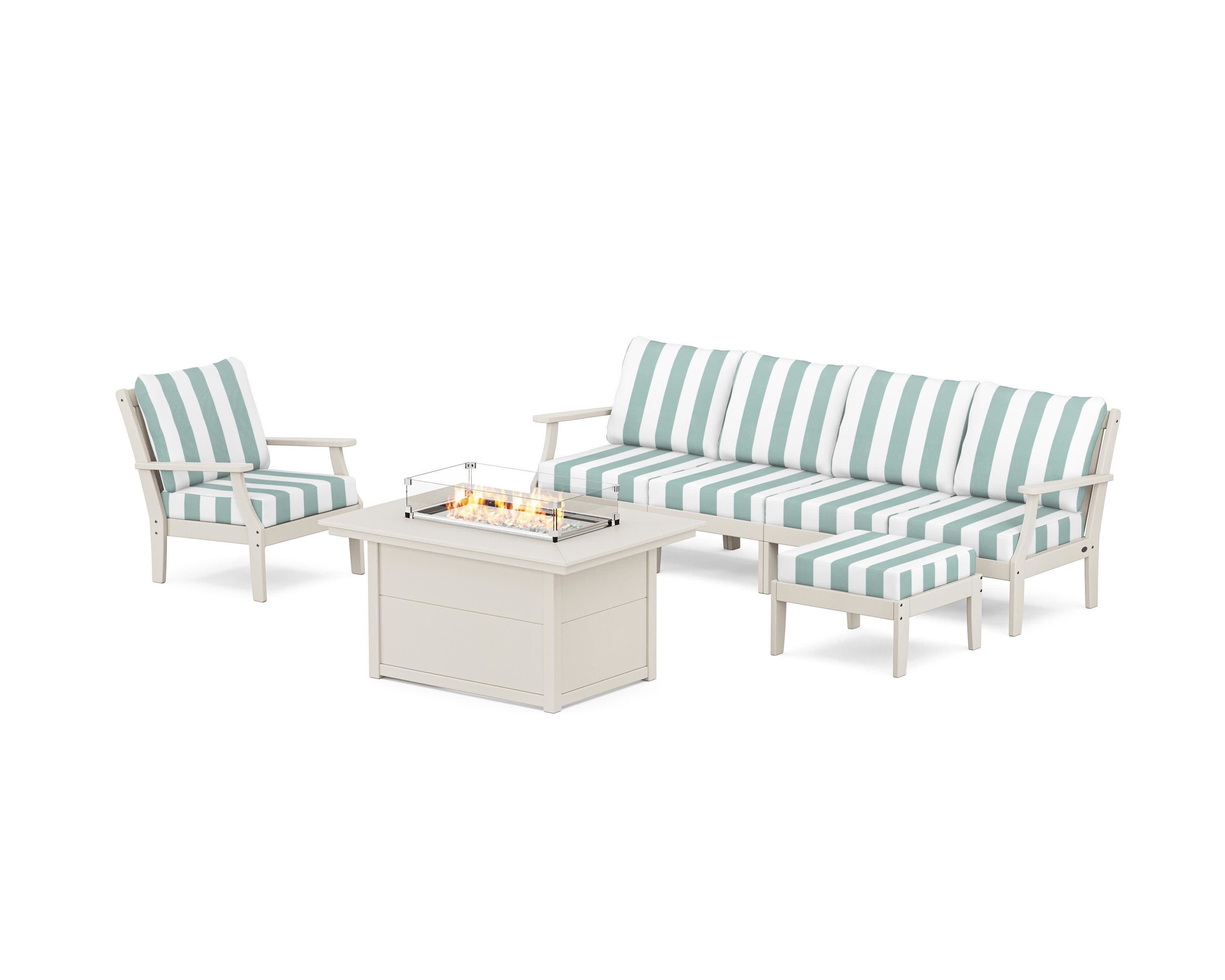 Braxton Sectional Lounge and Fire Pit Set in Sand / Cabana Stripe Glacier Spa