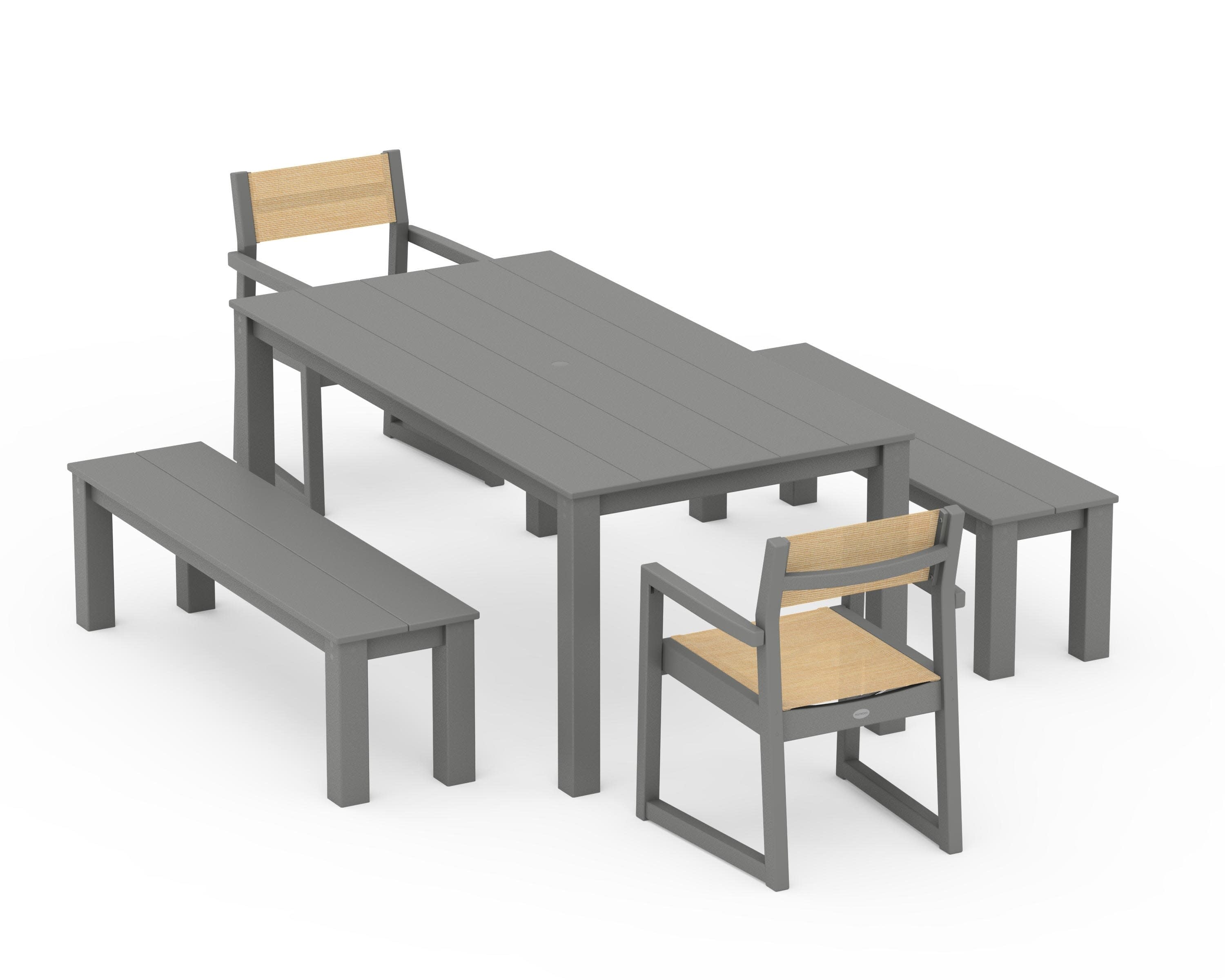 EDGE Sling Arm Chair 5-Piece Parsons Dining Set with Benches in Slate Grey / Dupioni Apricot Sling