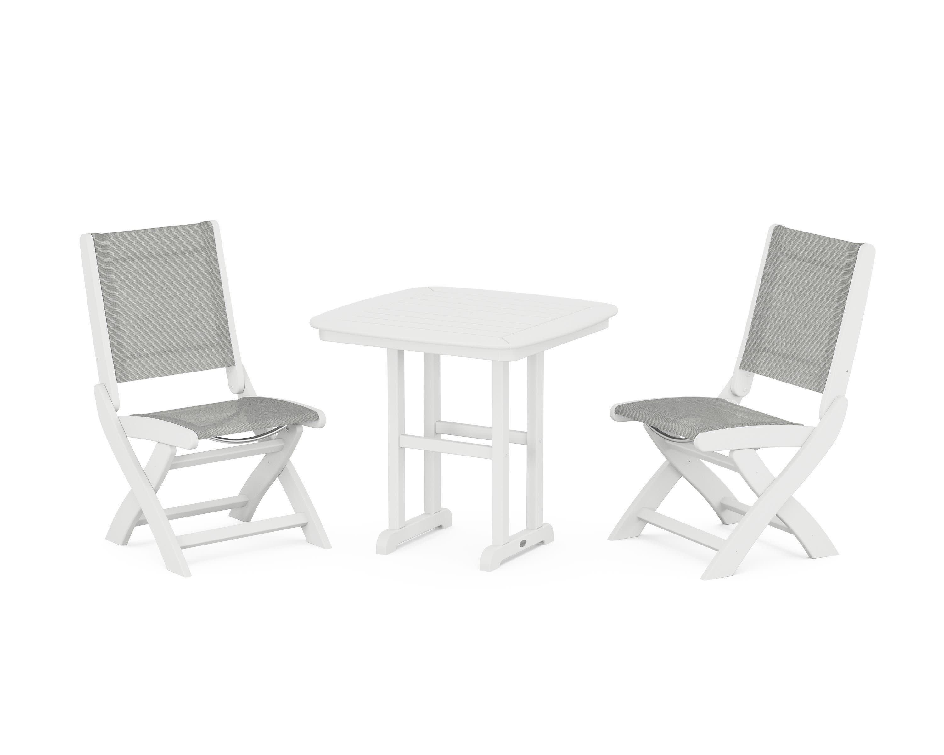 Coastal Folding Side Chair 3-Piece Dining Set in White / Metallic Sling
