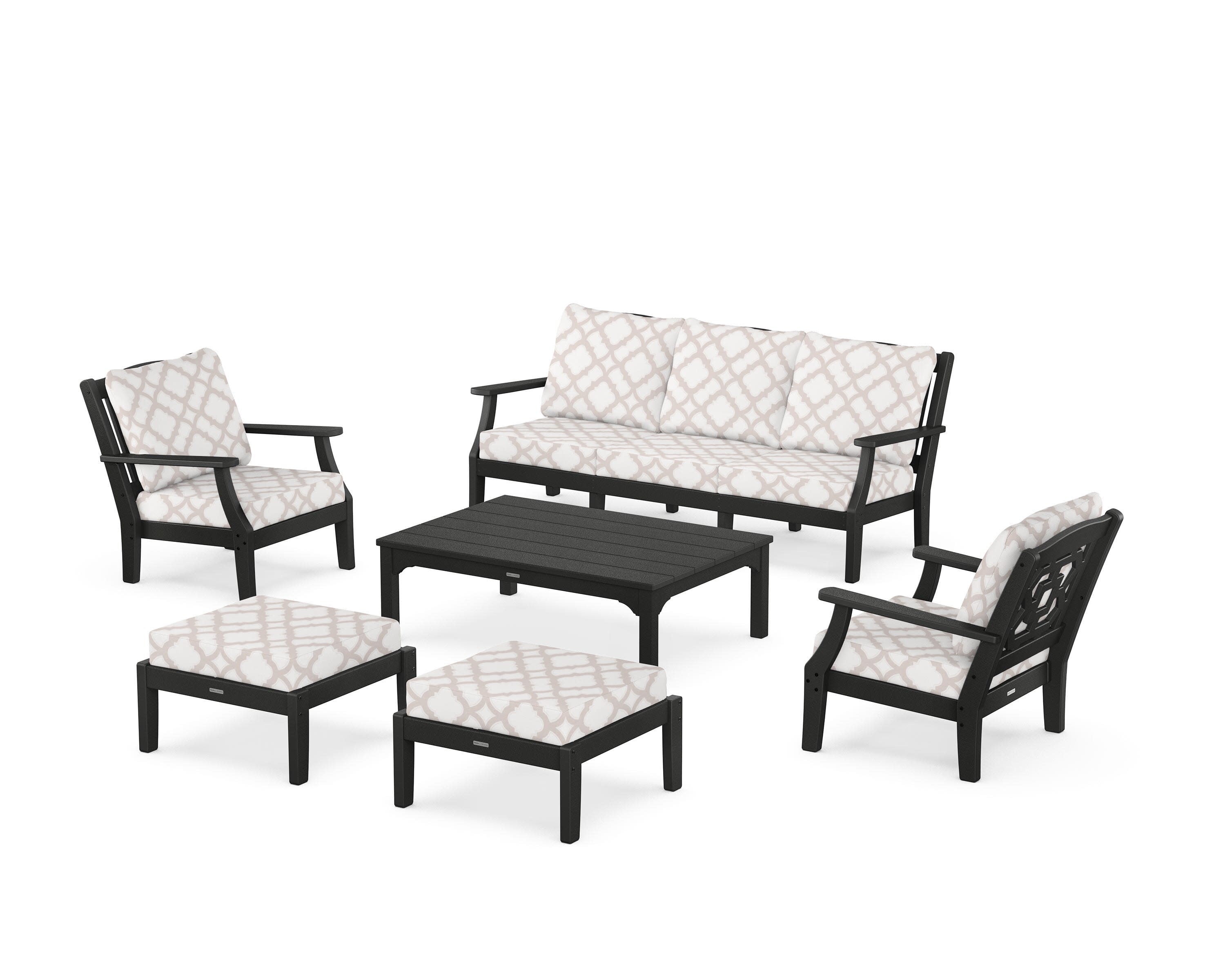 Chinoiserie 6-Piece Lounge Sofa Set in Black / Trellis Dune Burlap
