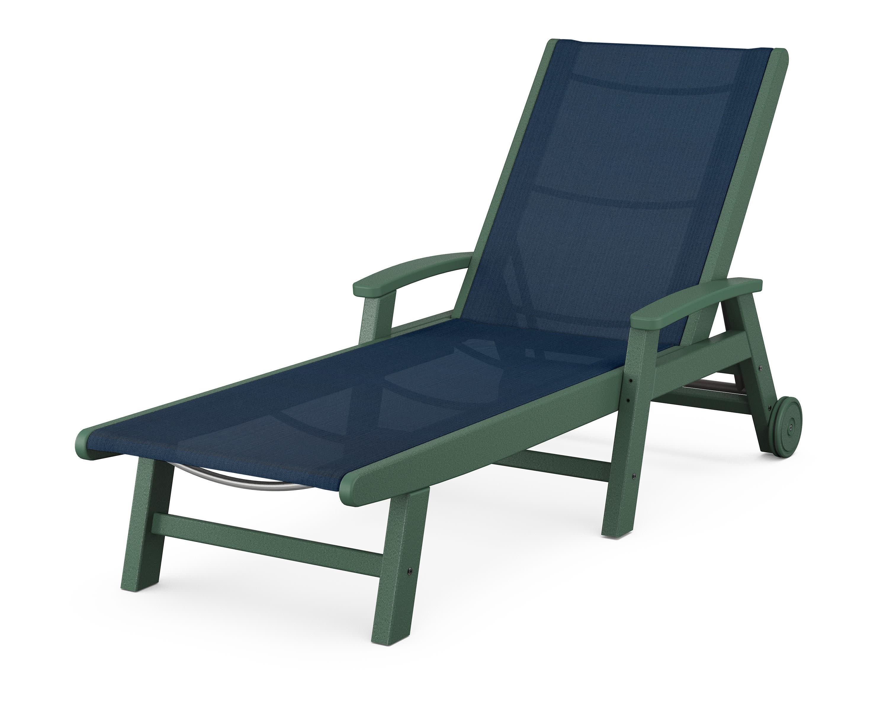 Coastal Chaise with Wheels in Green / Navy Blue Sling