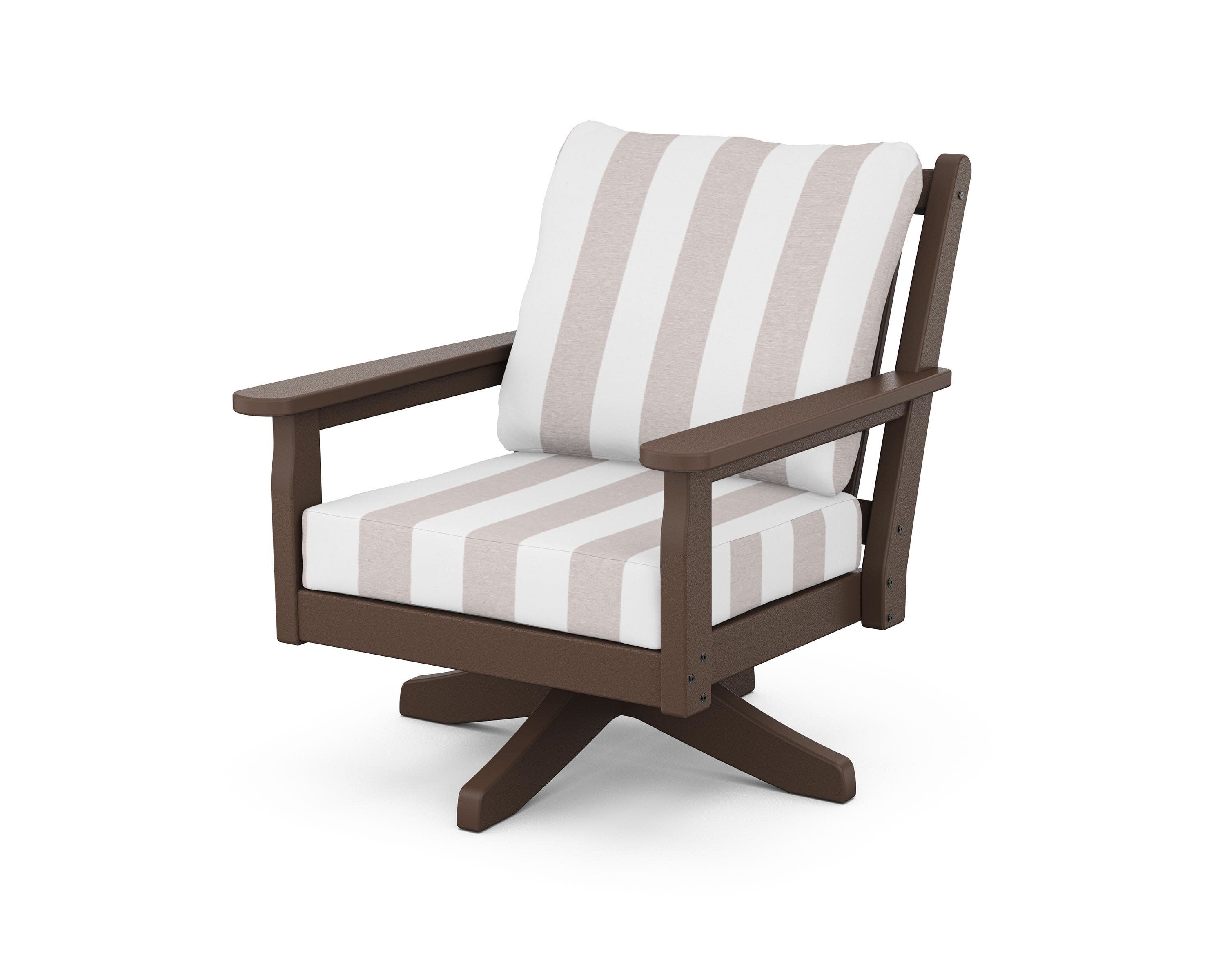 Chippendale Deep Seating Swivel Chair in Mahogany / Cabana Stripe Dune Burlap