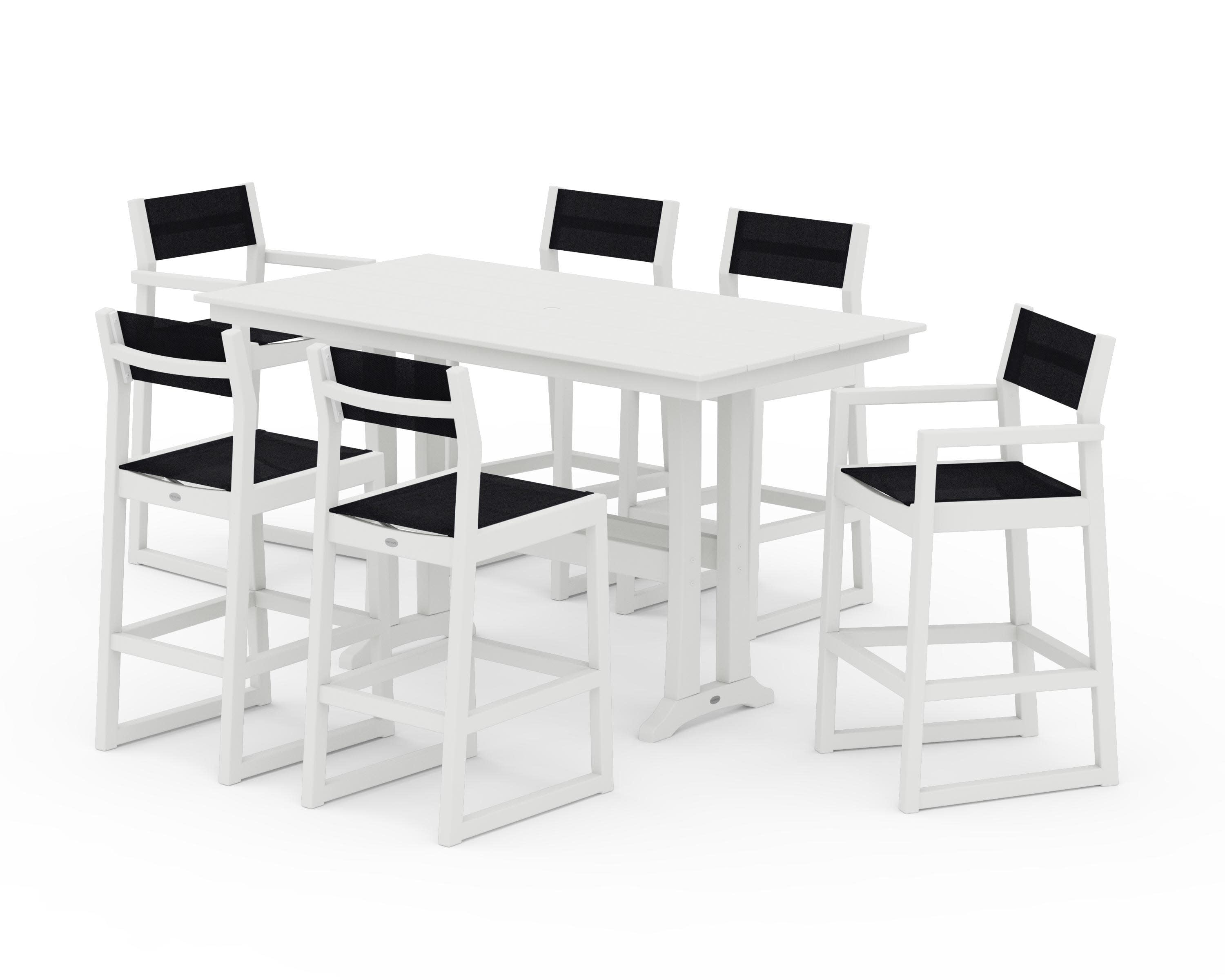 EDGE Sling 7-Piece Farmhouse Bar Set with Trestle Legs in Vintage White / Black Sling