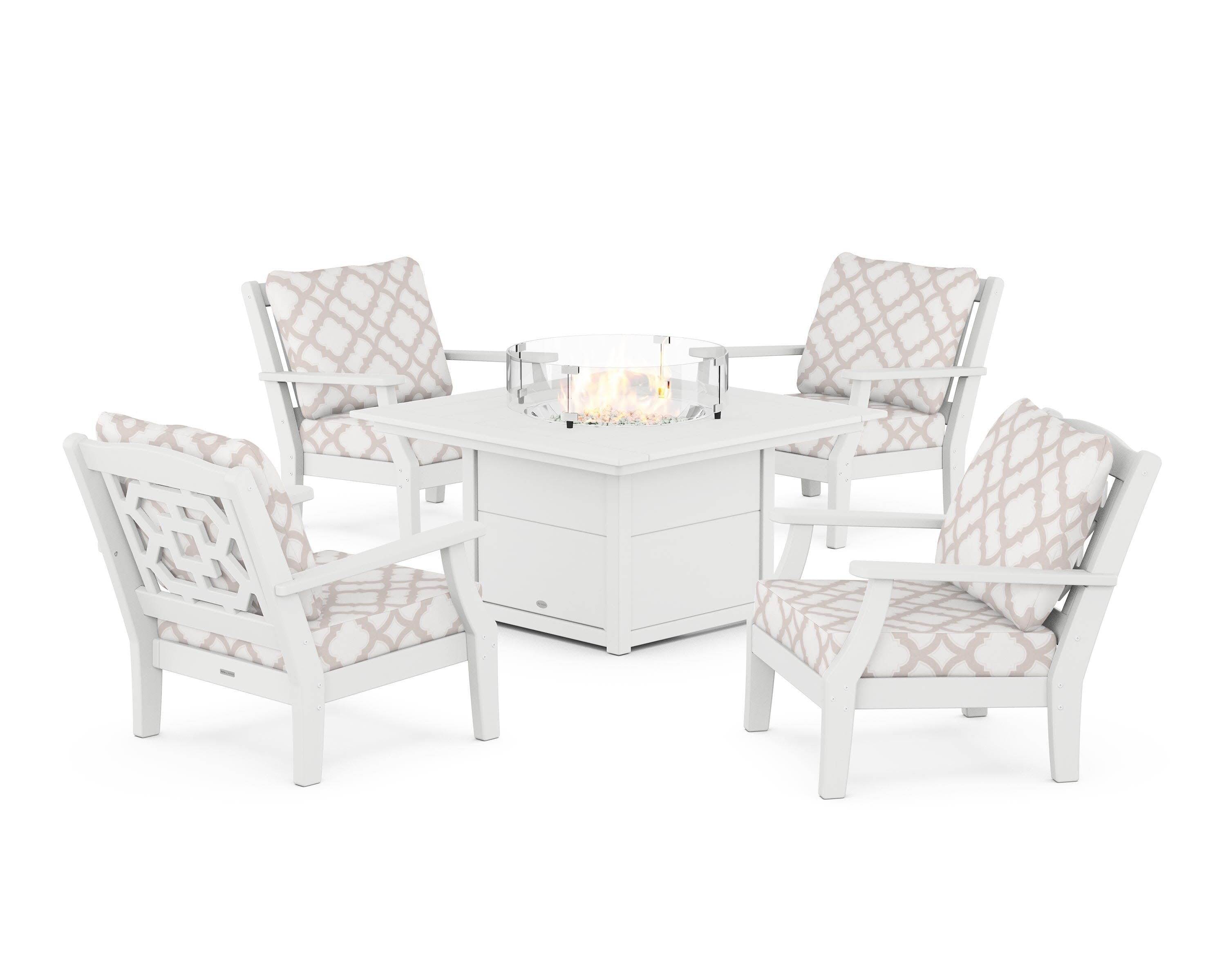 Chinoiserie 5-Piece Deep Seating Set with Fire Pit Table in White / Trellis Dune Burlap