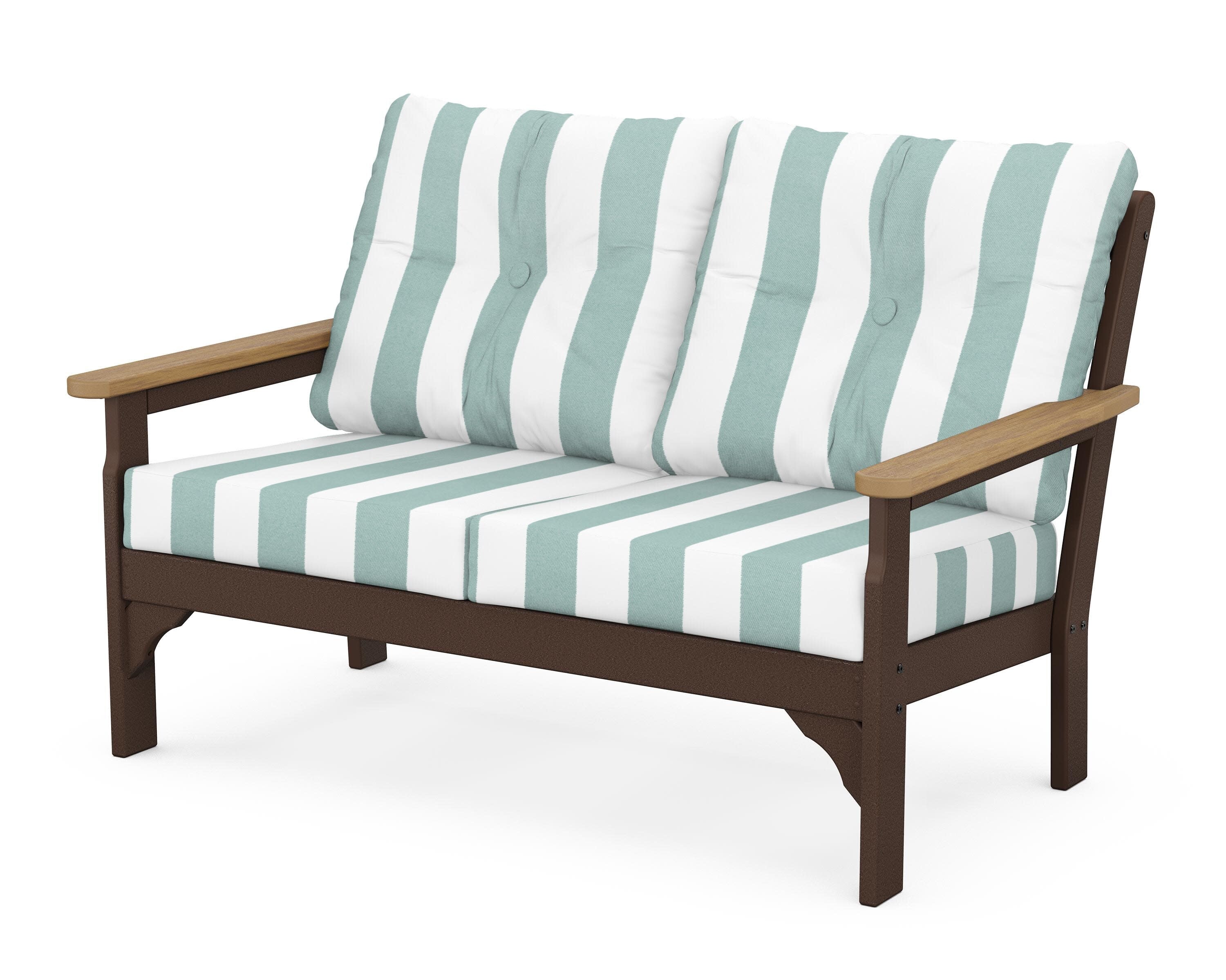 Vineyard Deep Seating Loveseat in Mahogany / Natural / Cabana Stripe Glacier Spa