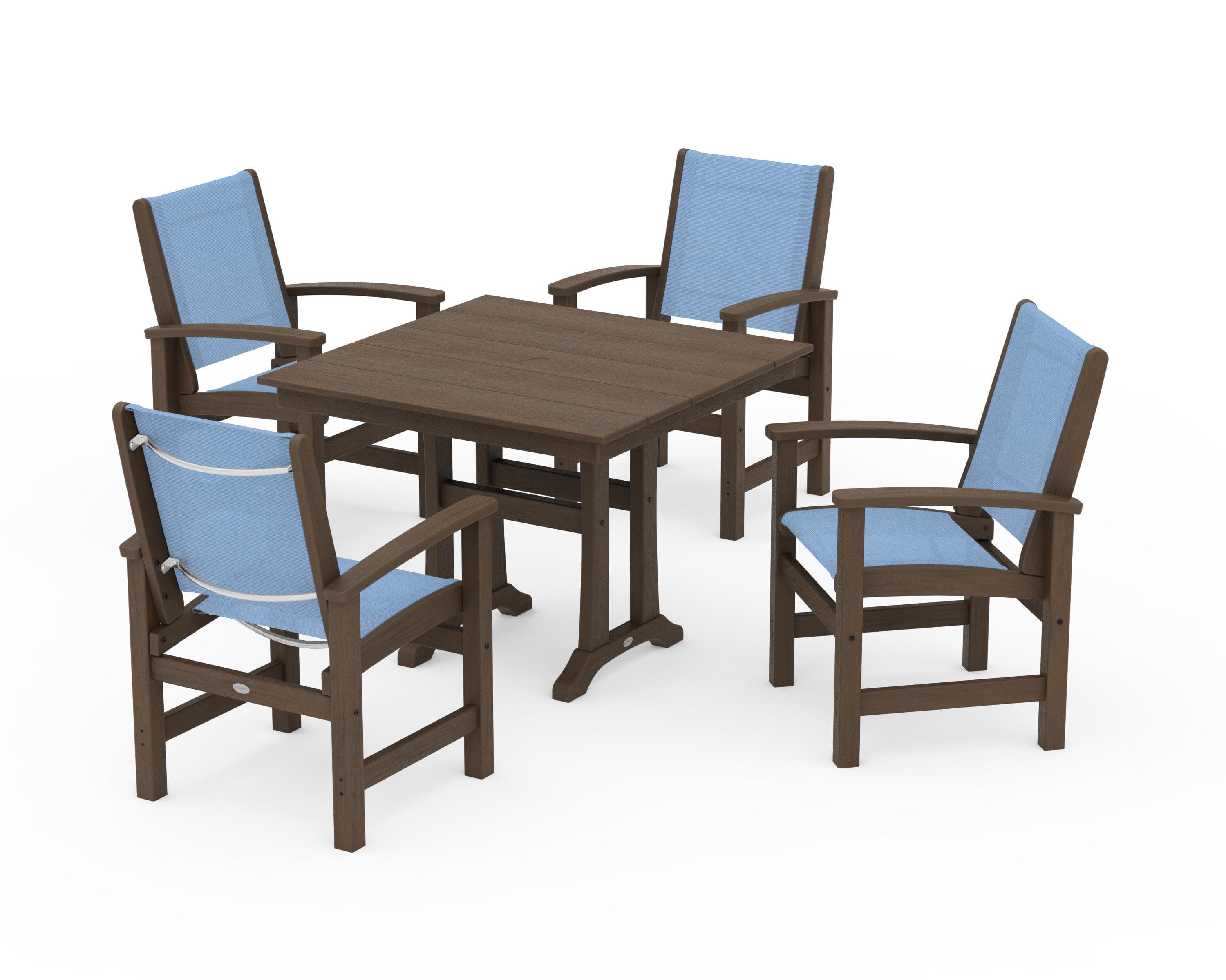Coastal 5-Piece Farmhouse Dining Set With Trestle Legs in Kona / Poolside Sling