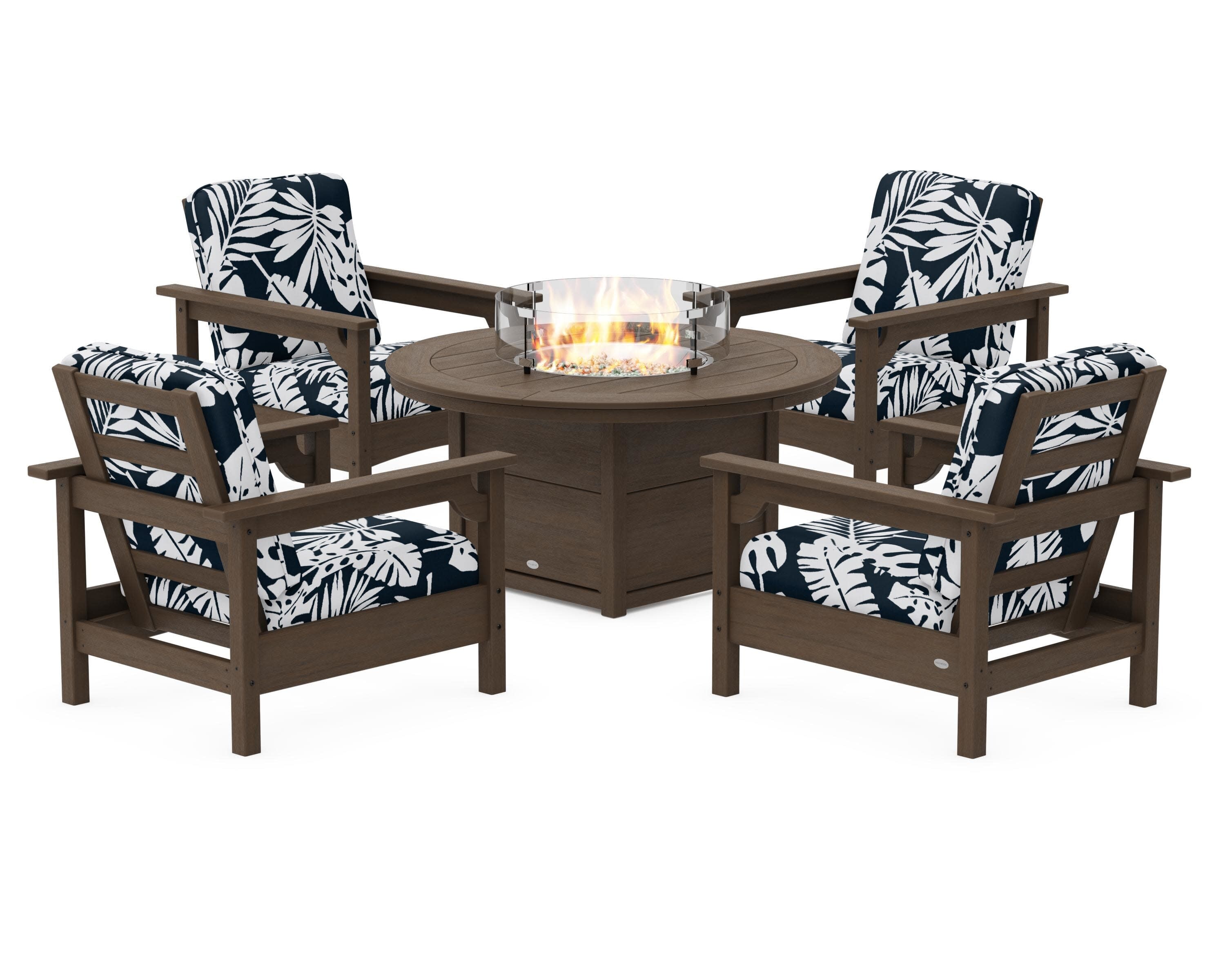 Club 5-Piece Conversation Set with Fire Pit Table in Kona / Leaf Marine Indigo